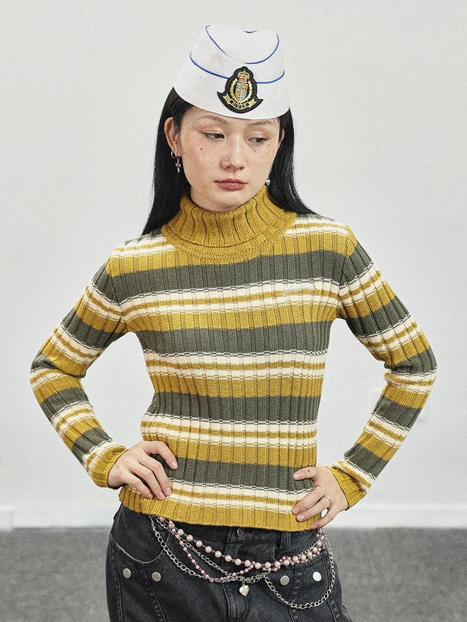 Achihara Women Striped Knit Sweater Short Sleeve Round Neck Slim Fit Top