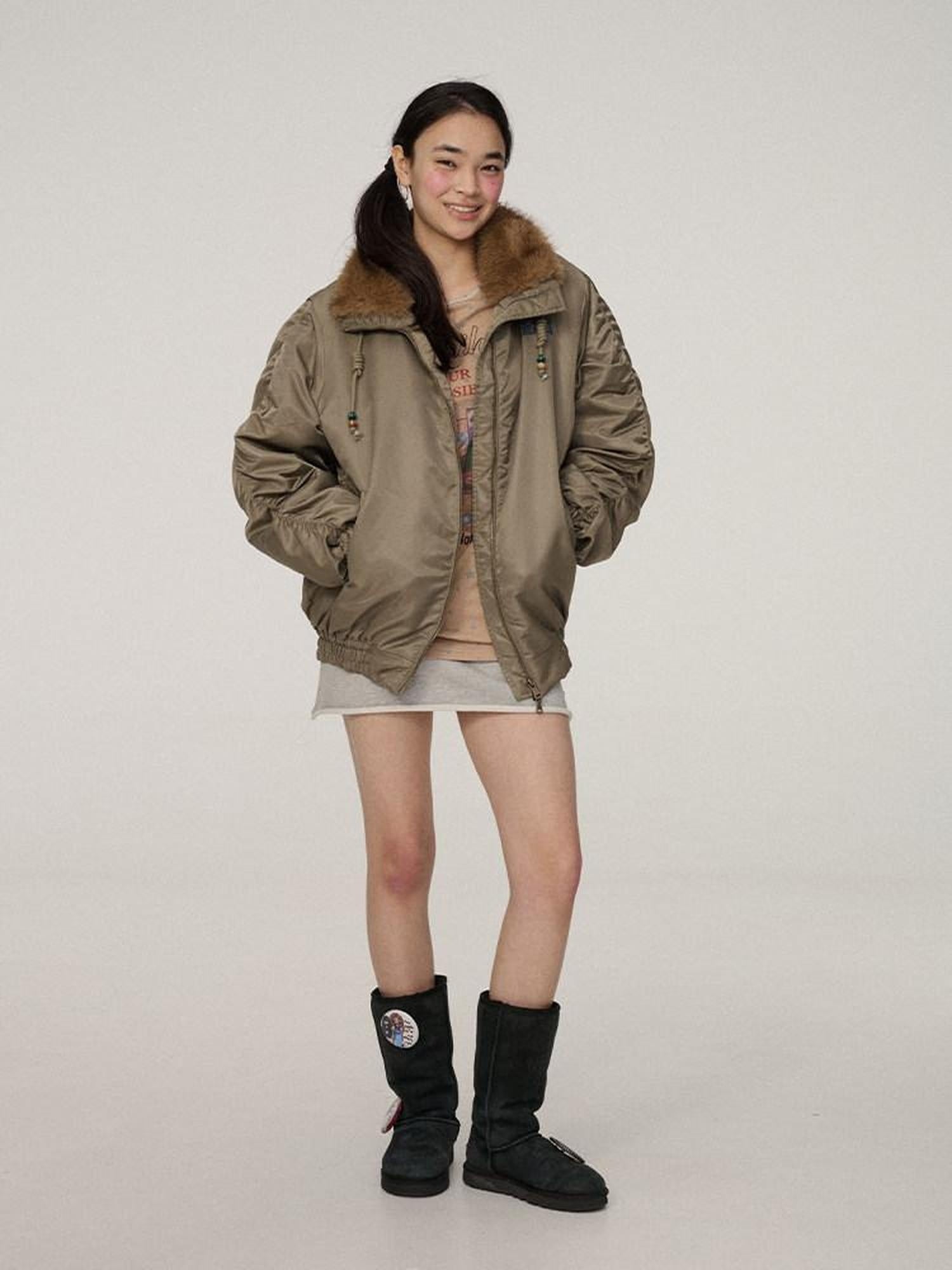 Achihara Zip Front Lapel Collar Relaxed Commuter Solid Olive Navy Puffer Jackets