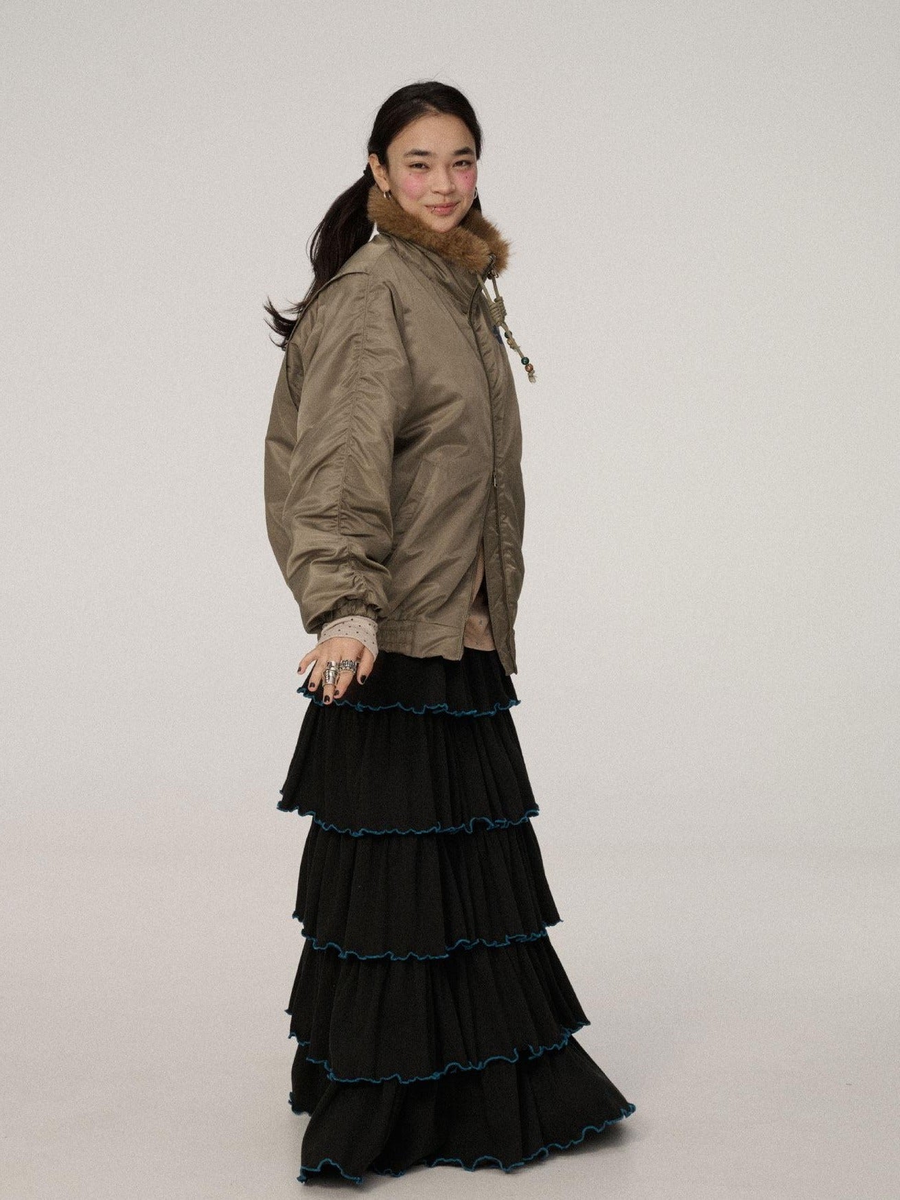 Achihara Zip Front Lapel Collar Relaxed Commuter Solid Olive Navy Puffer Jackets