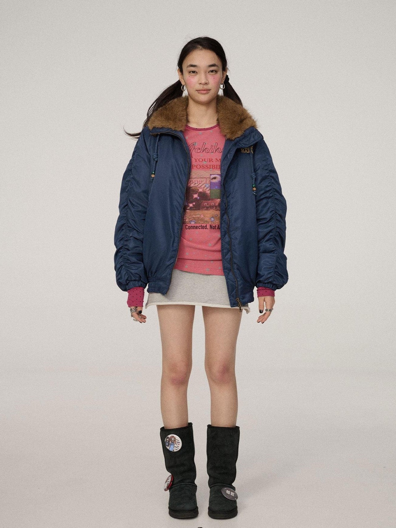 Achihara Zip Front Lapel Collar Relaxed Commuter Solid Olive Navy Puffer Jackets