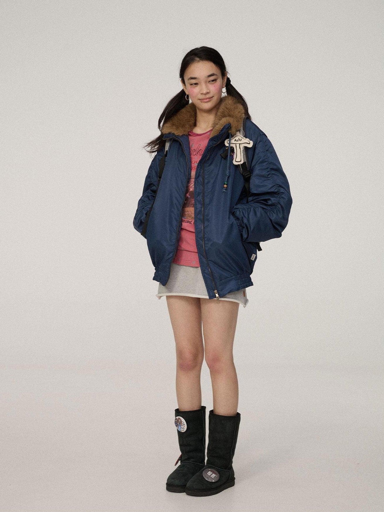 Achihara Zip Front Lapel Collar Relaxed Commuter Solid Olive Navy Puffer Jackets