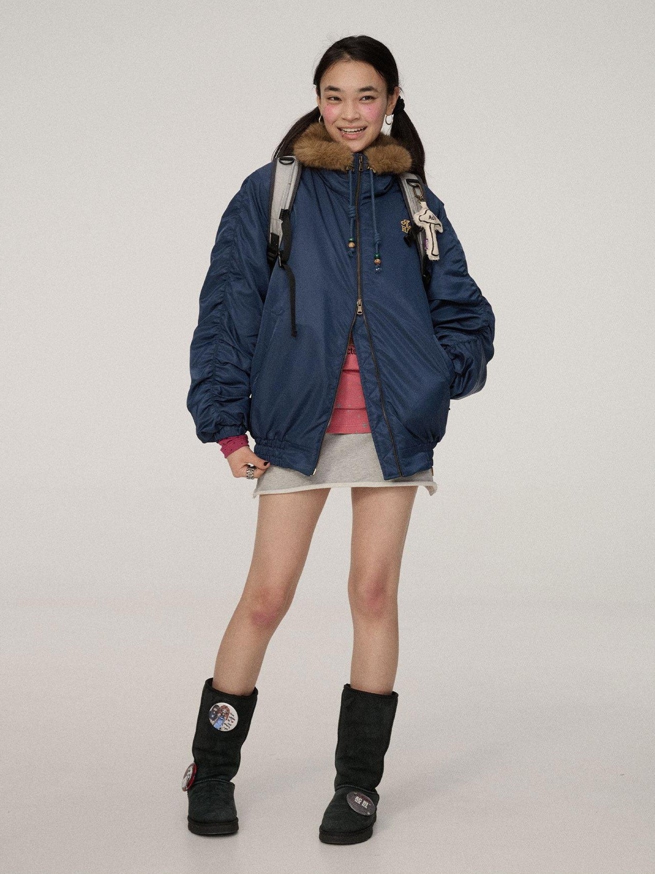 Achihara Zip Front Lapel Collar Relaxed Commuter Solid Olive Navy Puffer Jackets