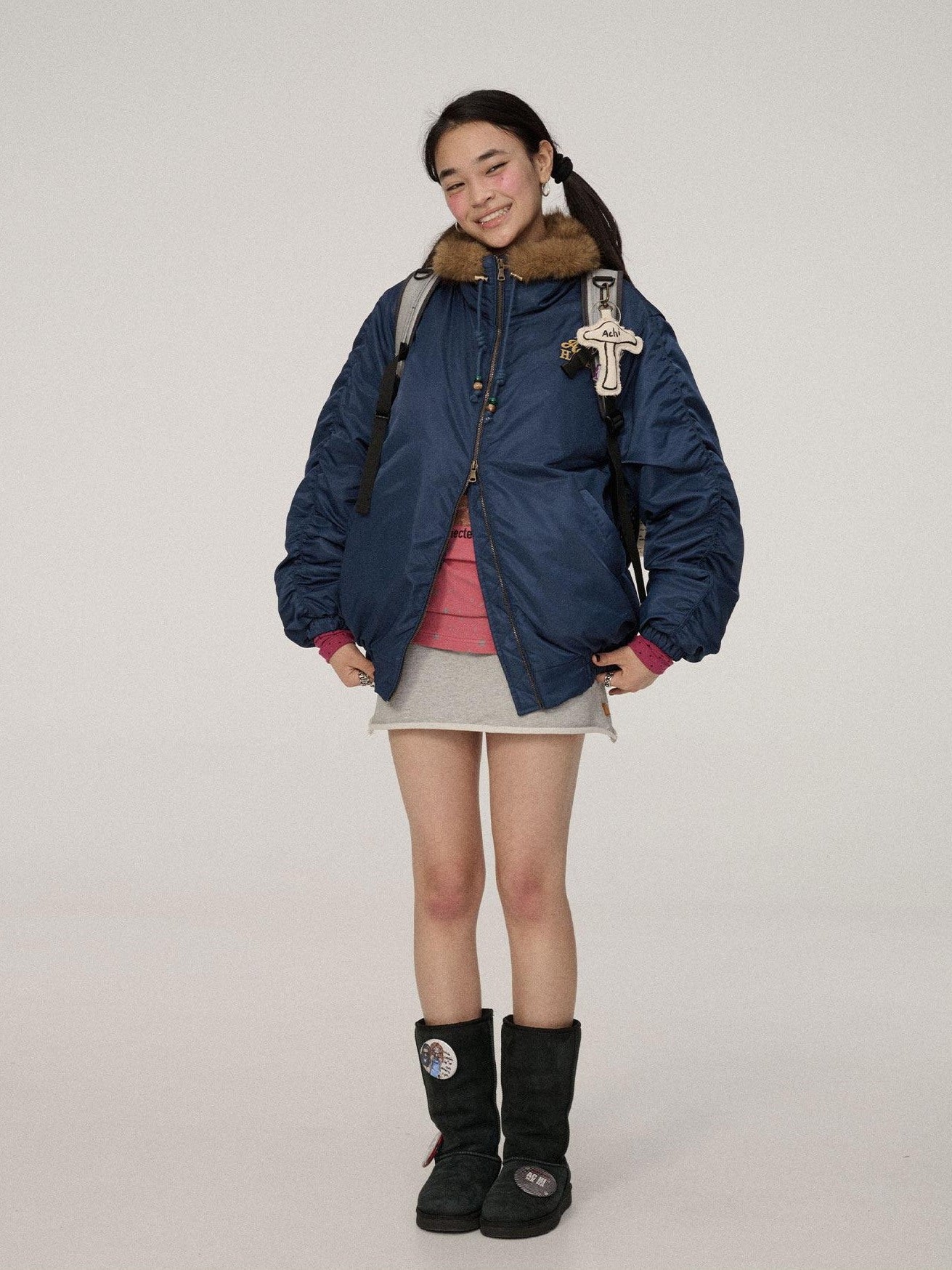 Achihara Zip Front Lapel Collar Relaxed Commuter Solid Olive Navy Puffer Jackets