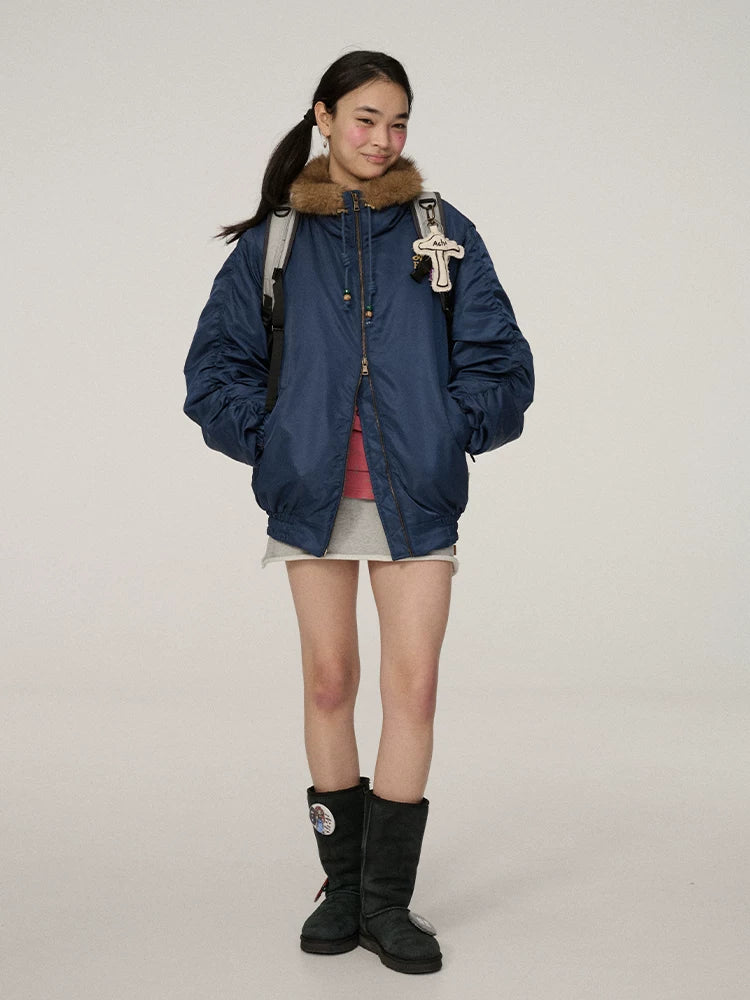Achihara Zip Front Lapel Collar Relaxed Commuter Solid Olive Navy Puffer Jackets-3