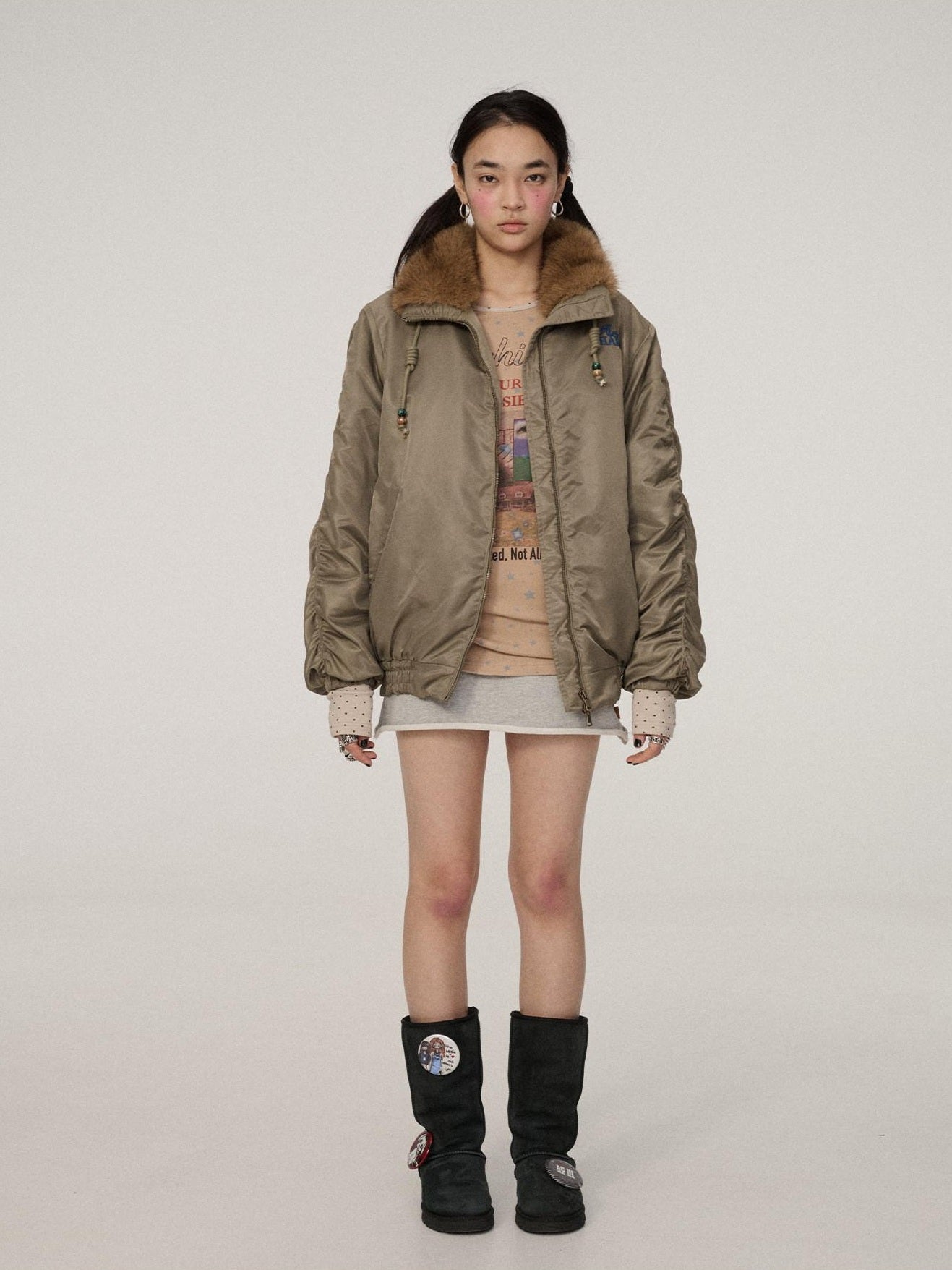 Achihara Zip Front Lapel Collar Relaxed Commuter Solid Olive Navy Puffer Jackets