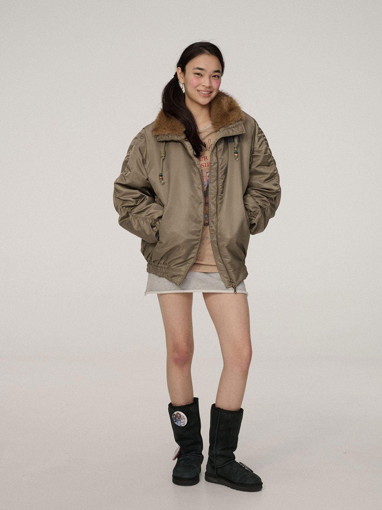 Achihara Zip Front Lapel Collar Relaxed Commuter Solid Olive Navy Puffer Jackets