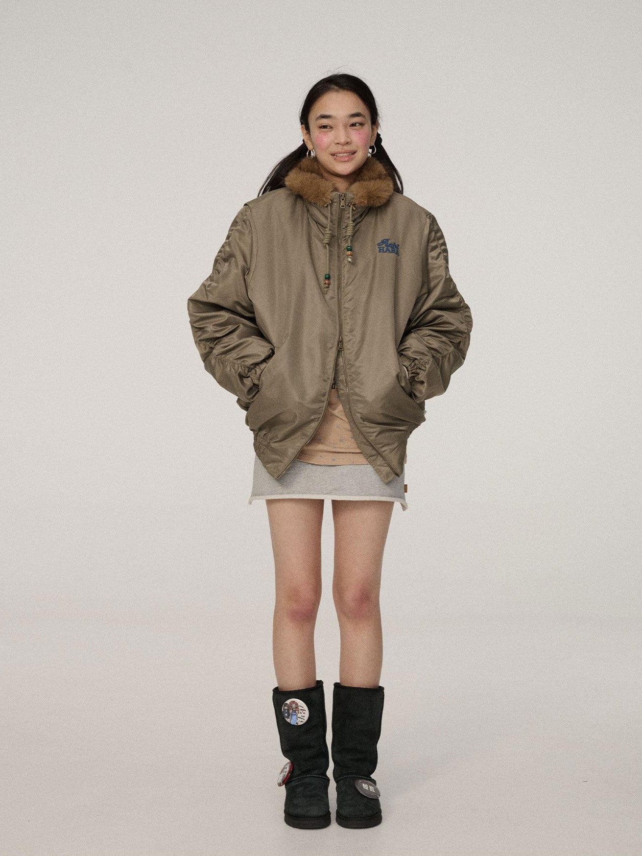 Achihara Zip Front Lapel Collar Relaxed Commuter Solid Olive Navy Puffer Jackets