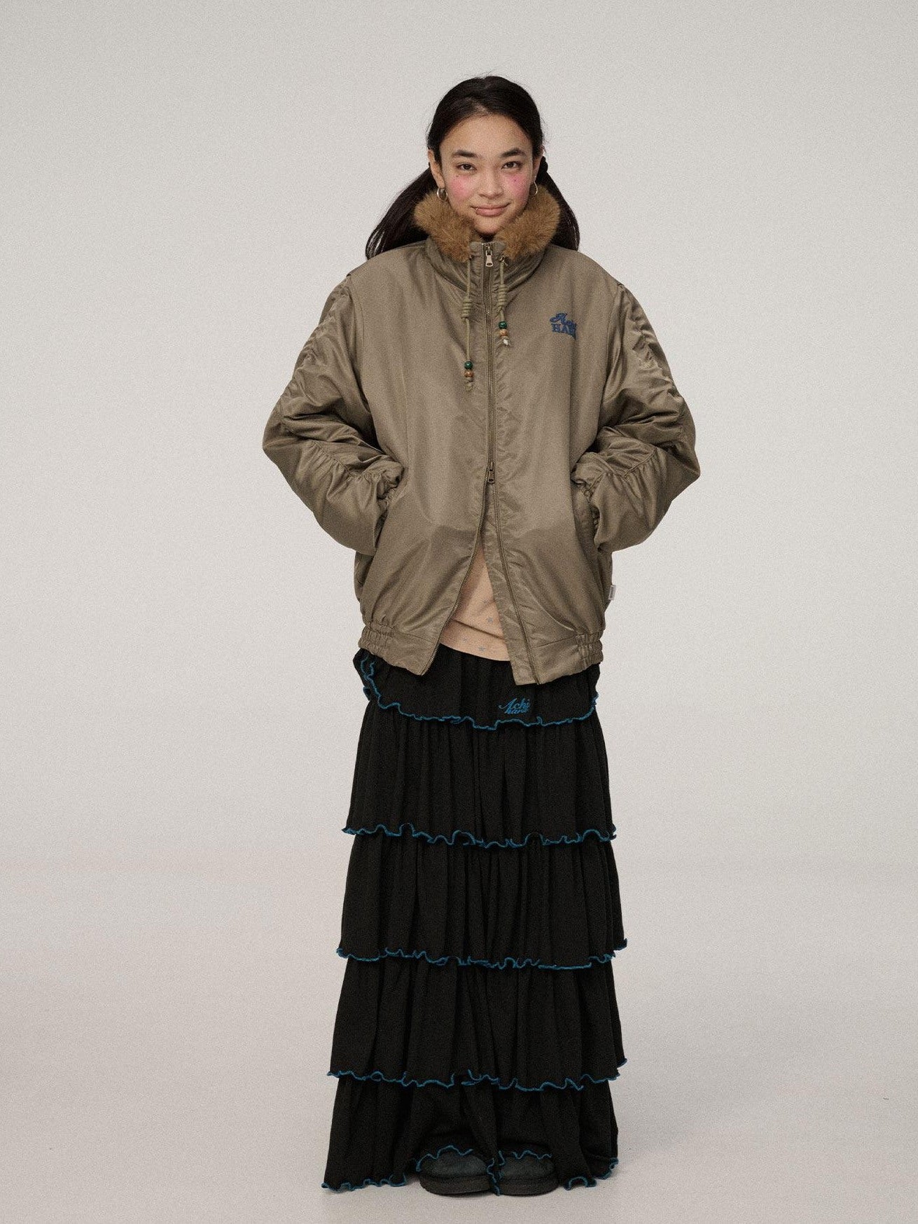 Achihara Zip Front Lapel Collar Relaxed Commuter Solid Olive Navy Puffer Jackets