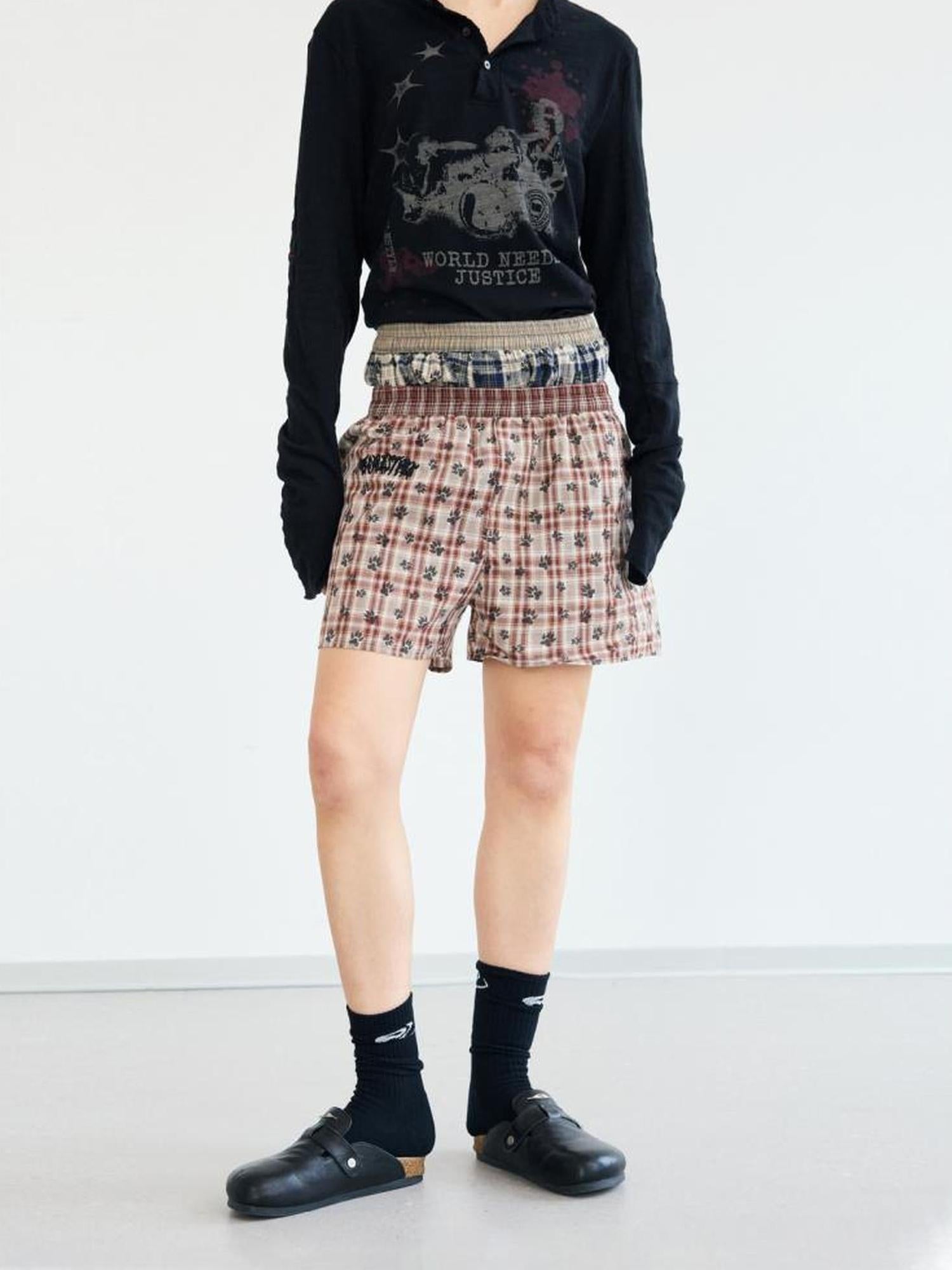Peoplesense All Over Print Contrast Check Cotton Shorts Loose Fit
