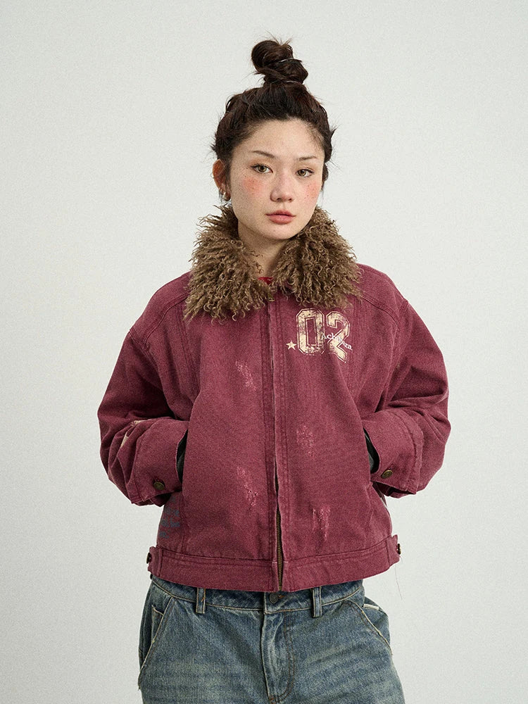 Vintage Cropped Denim Jacket With Detachable Fur Collar