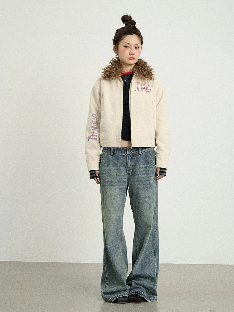 Vintage Cropped Denim Jacket With Detachable Fur Collar