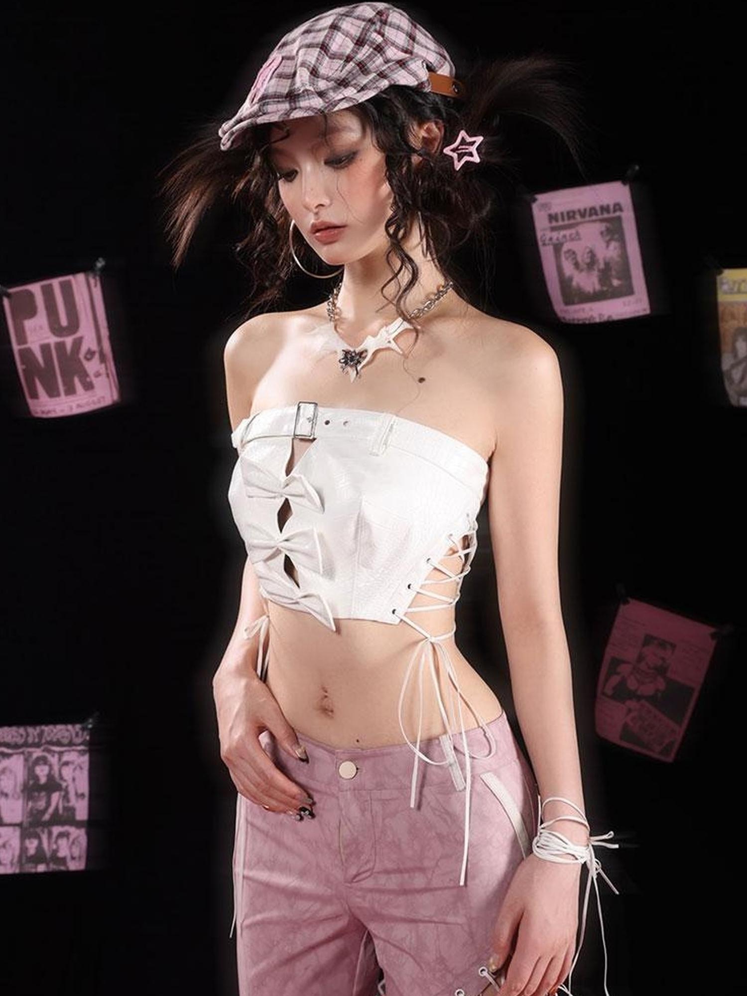 WSW WUSHENWU Angry Diamond Leather Corset Bustier Top Adjustable Straps
