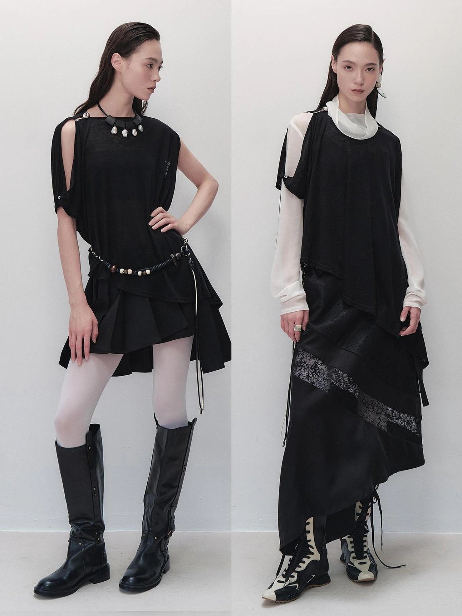 AnnoMundi Asymmetric Frost Knit Cover Up V-neck T-shirt Long Sleeve T-shirt