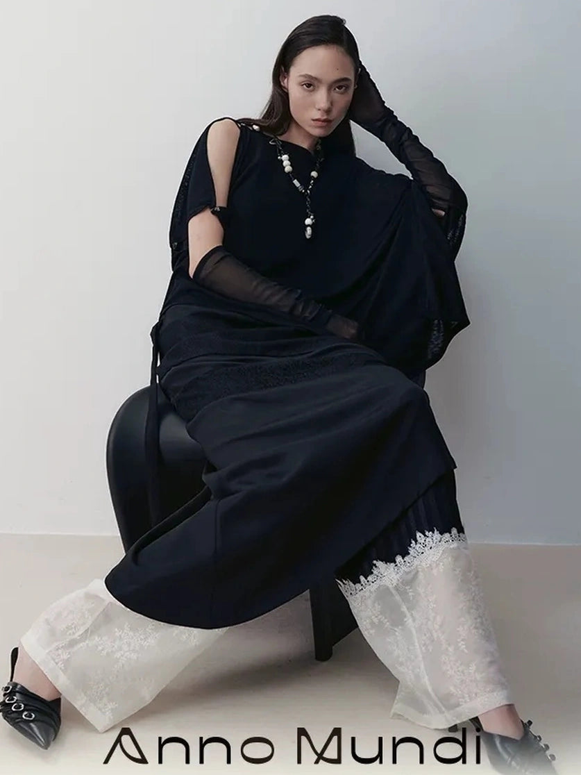 AnnoMundi Asymmetric Frost Knit Cover Up V-neck T-shirt Long Sleeve T-shirt