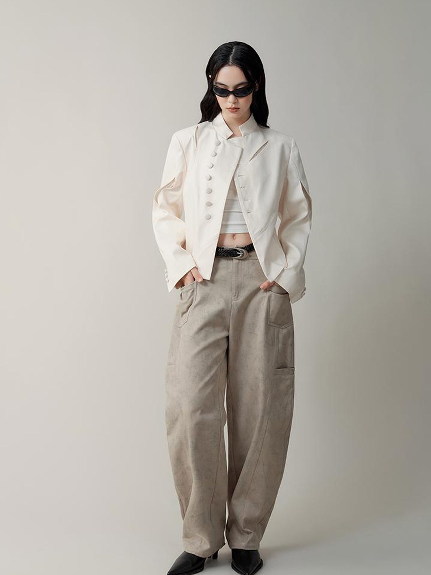 AnnoMundi Asymmetric Notch Collar Crackle Texture Blazer