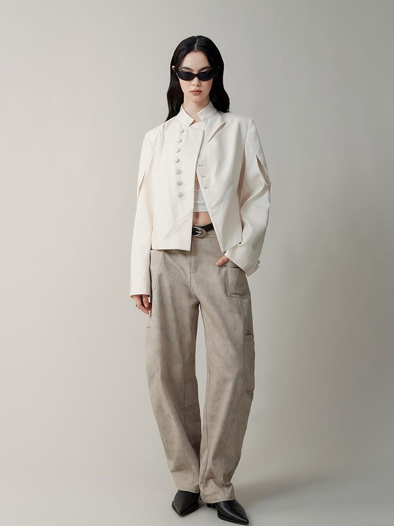 AnnoMundi Asymmetric Notch Collar Crackle Texture Blazer