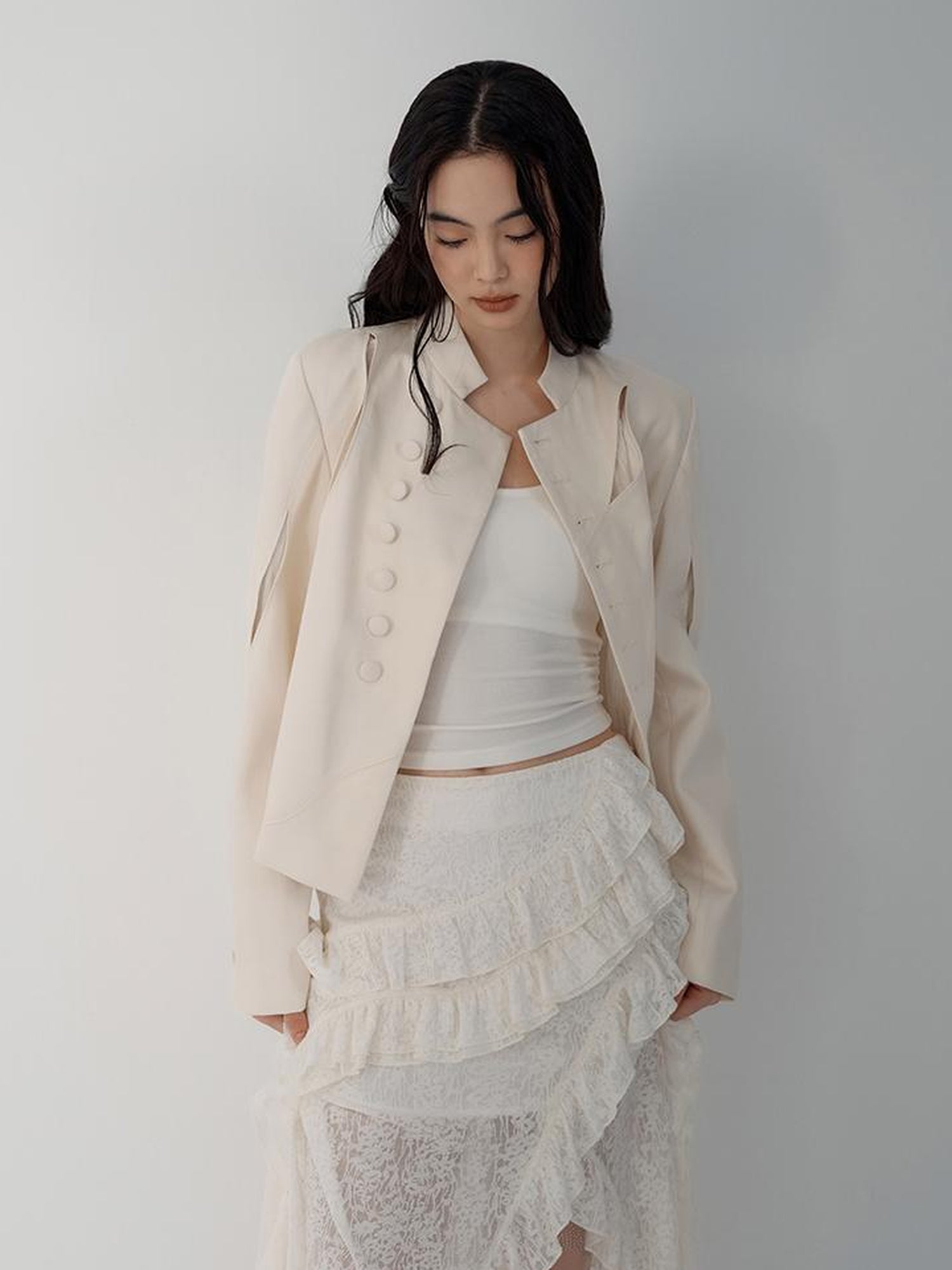 AnnoMundi Asymmetric Notch Collar Crackle Texture Blazer