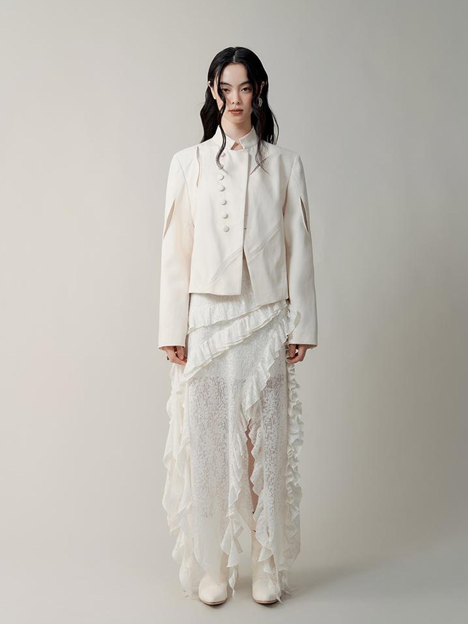 AnnoMundi Asymmetric Notch Collar Crackle Texture Blazer