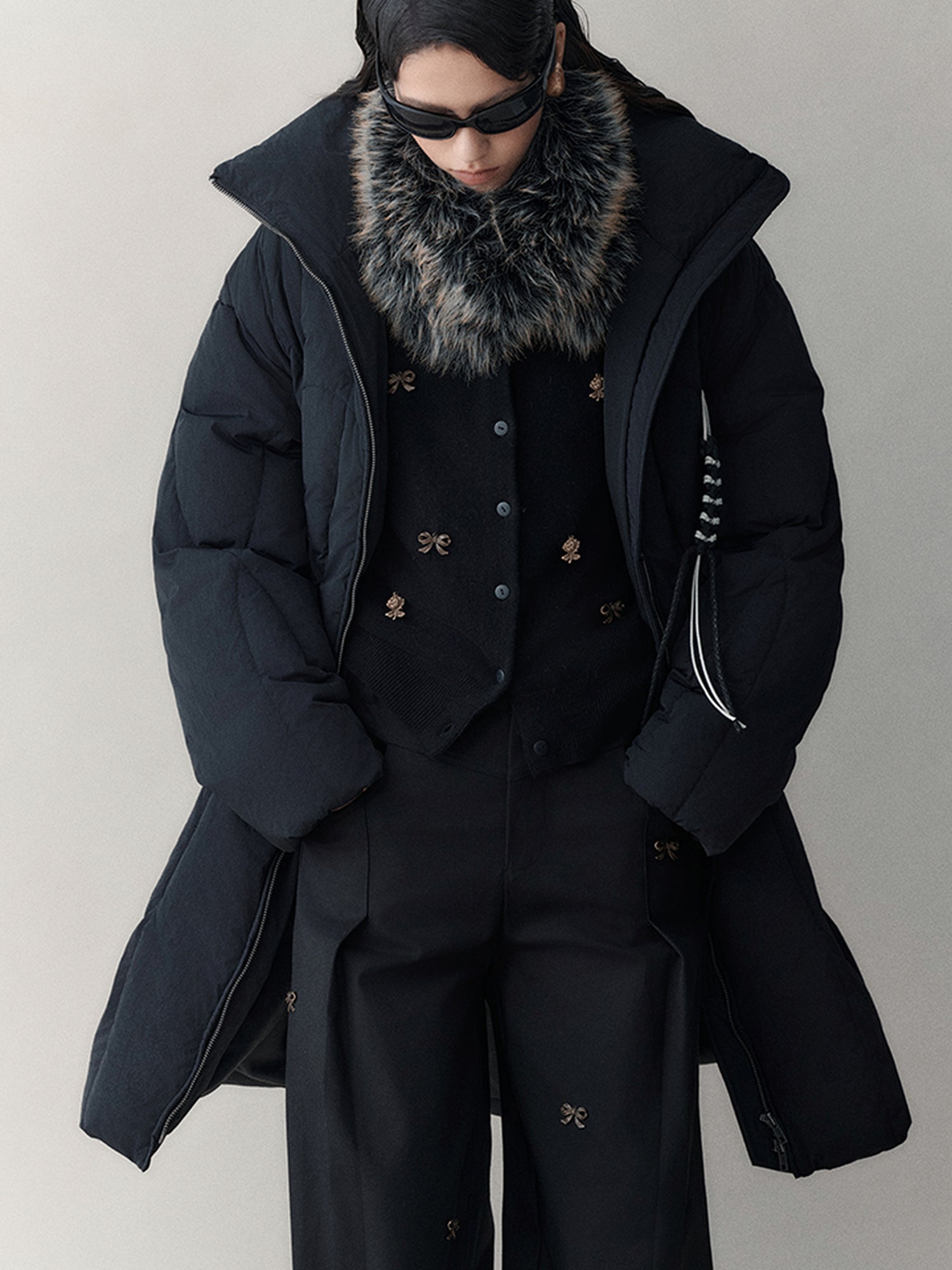 AnnoMundi Athflow Long Quilted Nylon Down Coat With Handcrafted Knot