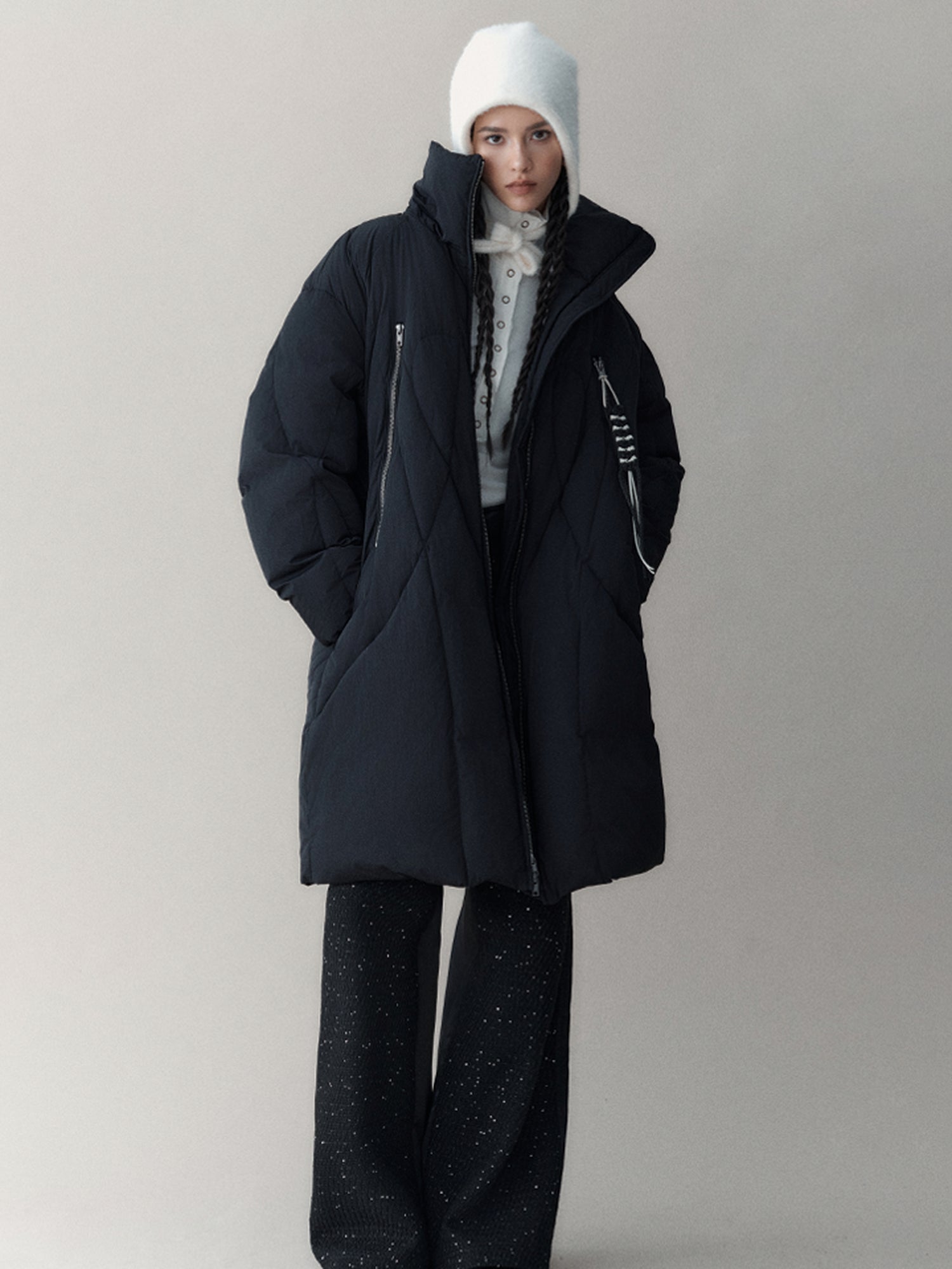 AnnoMundi Athflow Long Quilted Nylon Down Coat With Handcrafted Knot