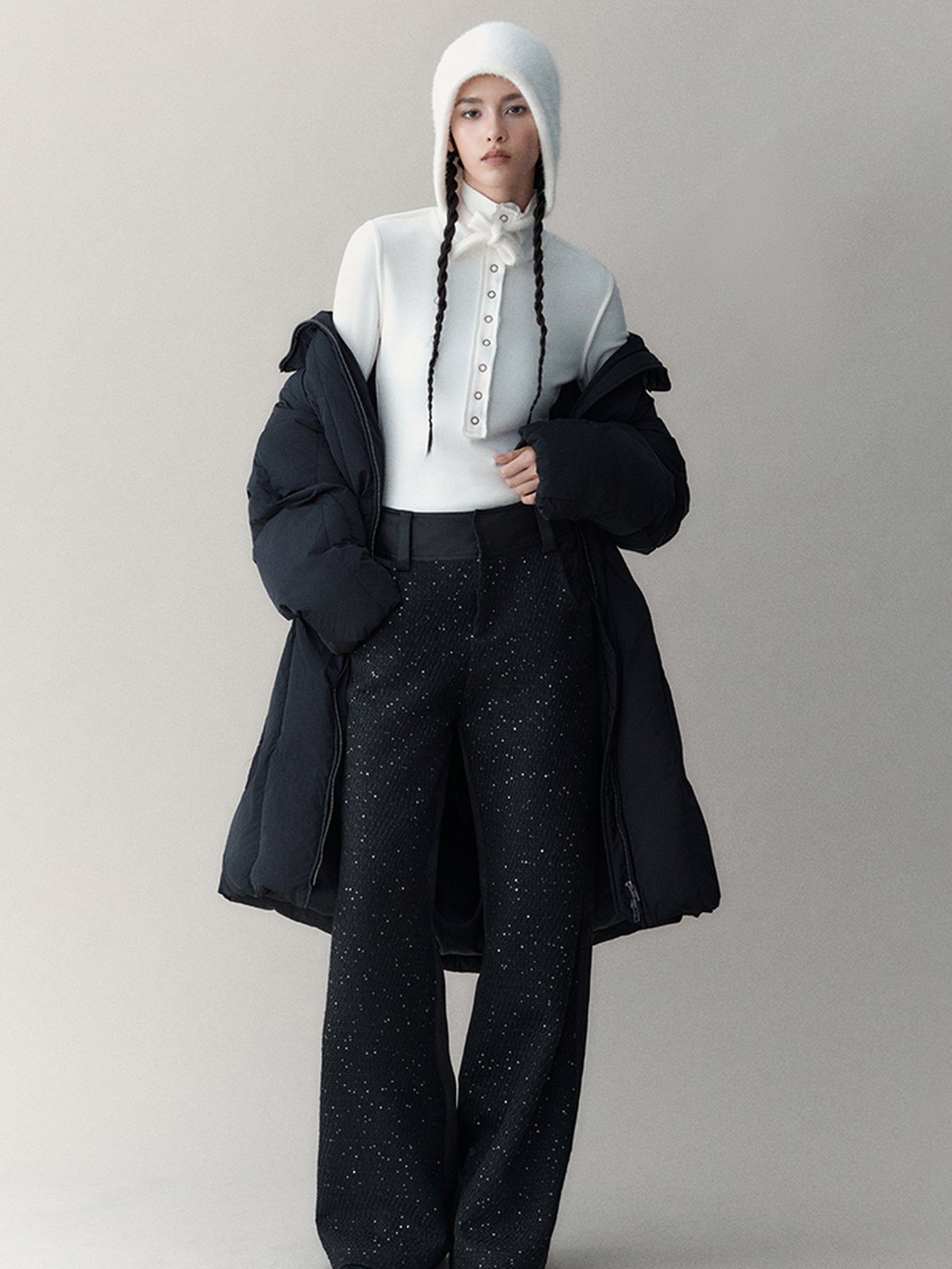 AnnoMundi Athflow Long Quilted Nylon Down Coat With Handcrafted Knot