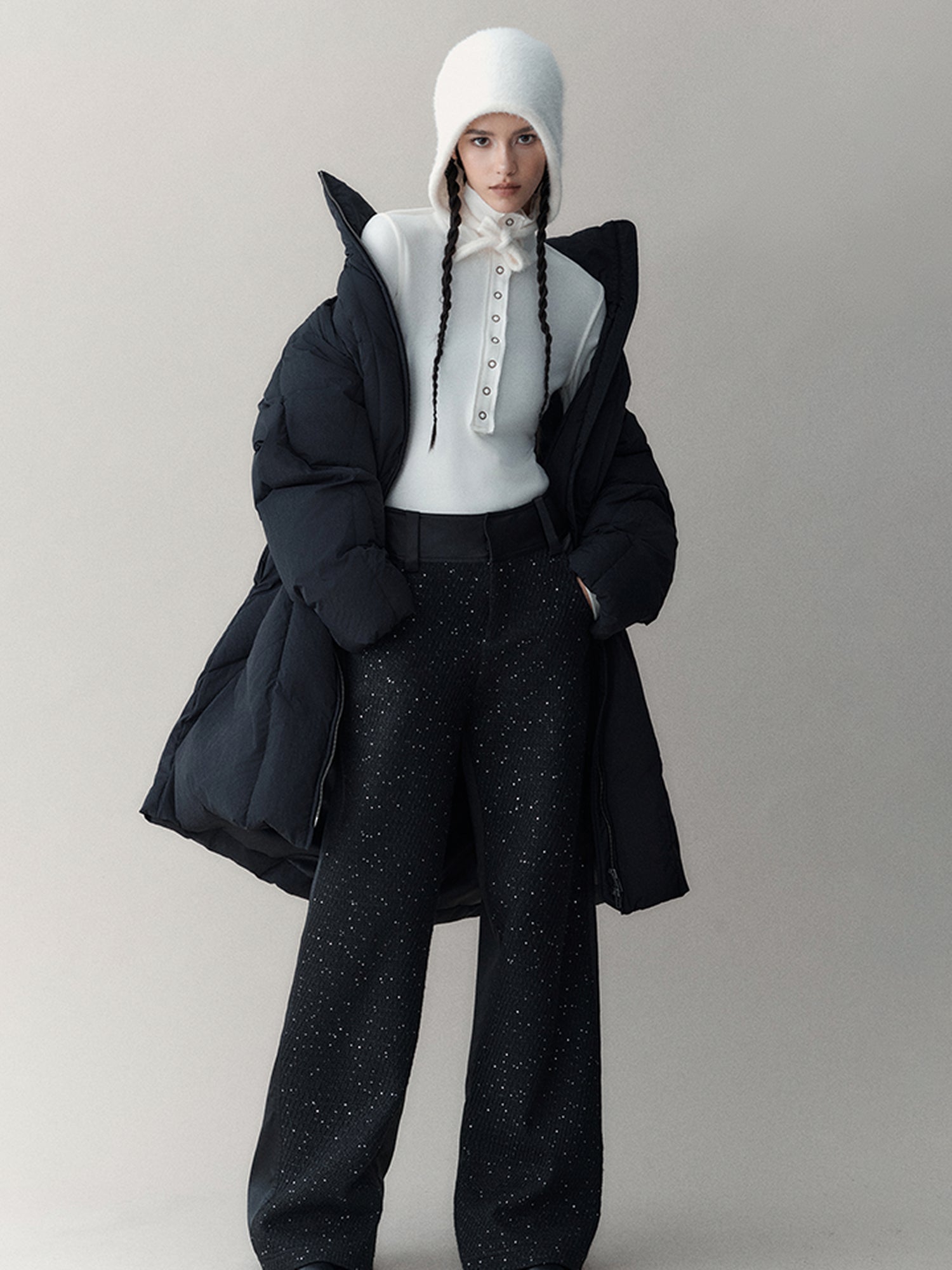 AnnoMundi Athflow Long Quilted Nylon Down Coat With Handcrafted Knot