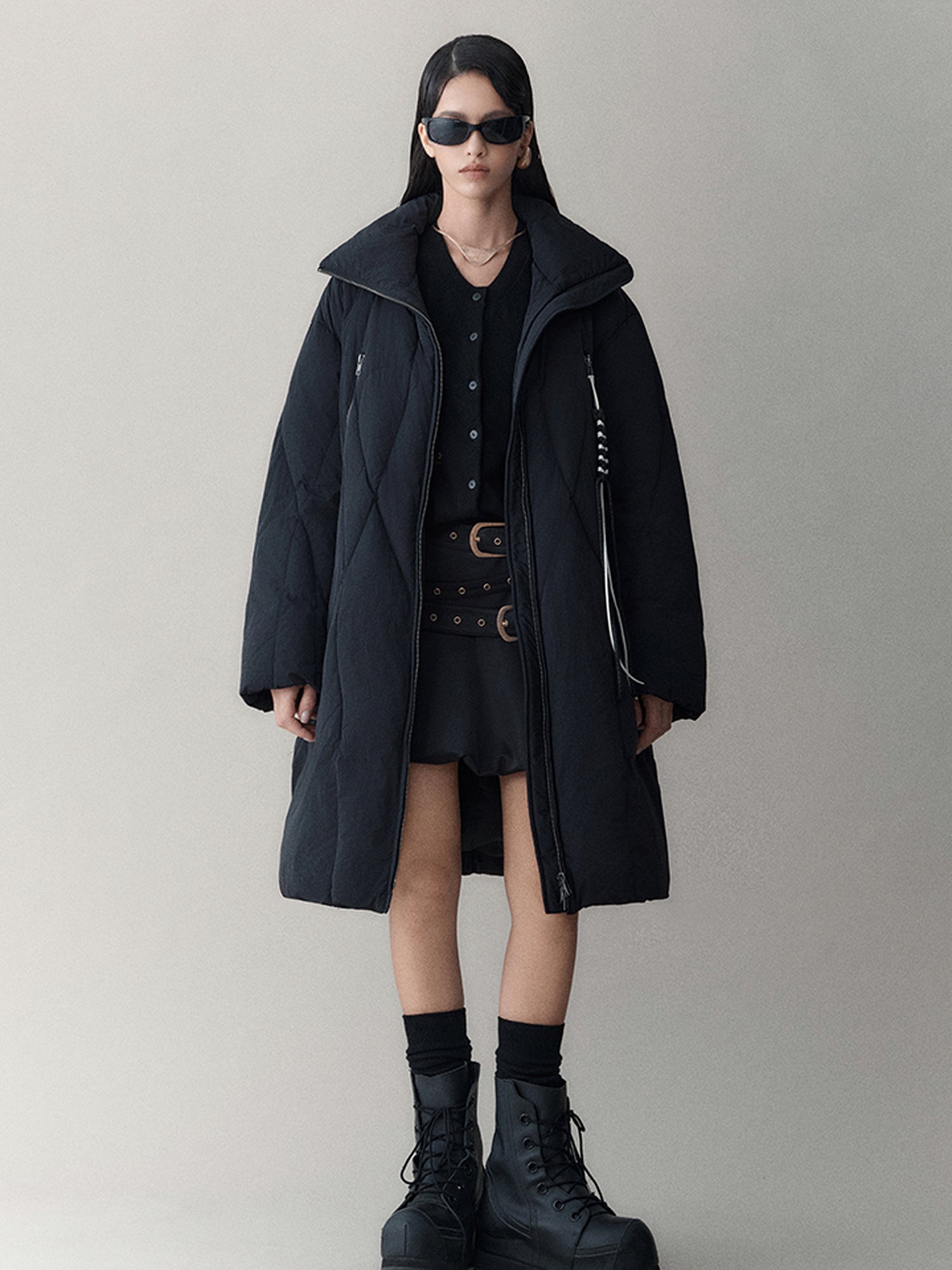 AnnoMundi Athflow Long Quilted Nylon Down Coat With Handcrafted Knot