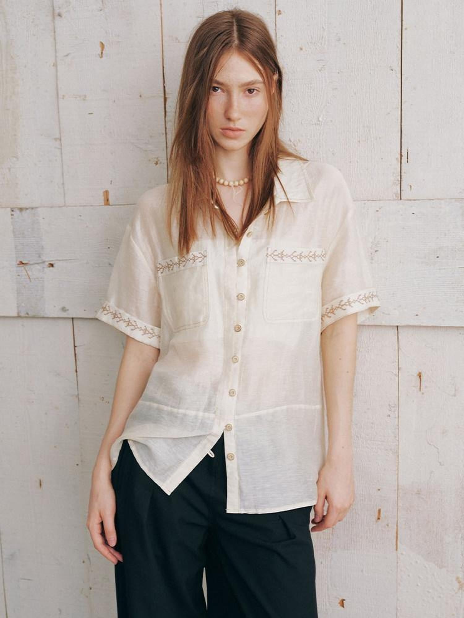 AnnoMundi Beige Embroidered Relaxed Loose Women&
