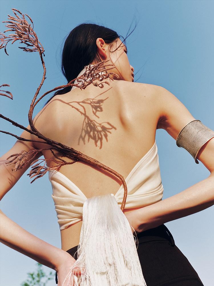 AnnoMundi Beige Solid Tassel Fringe Women&
