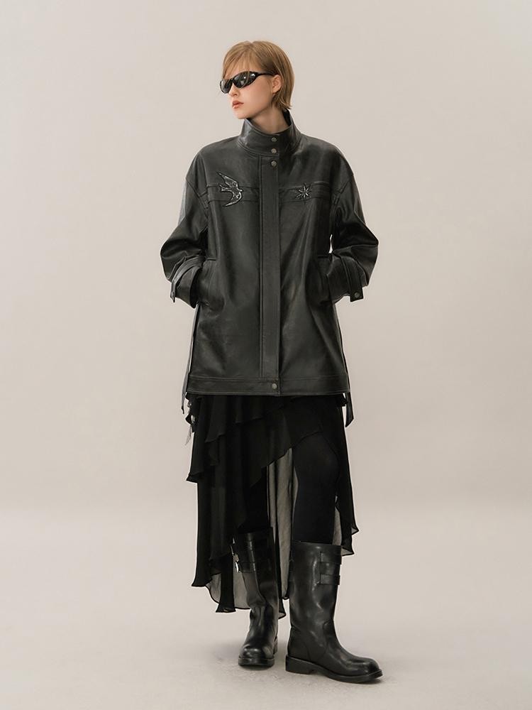 AnnoMundi Bird Embroidered Distressed Long Sleeve Pu Women&
