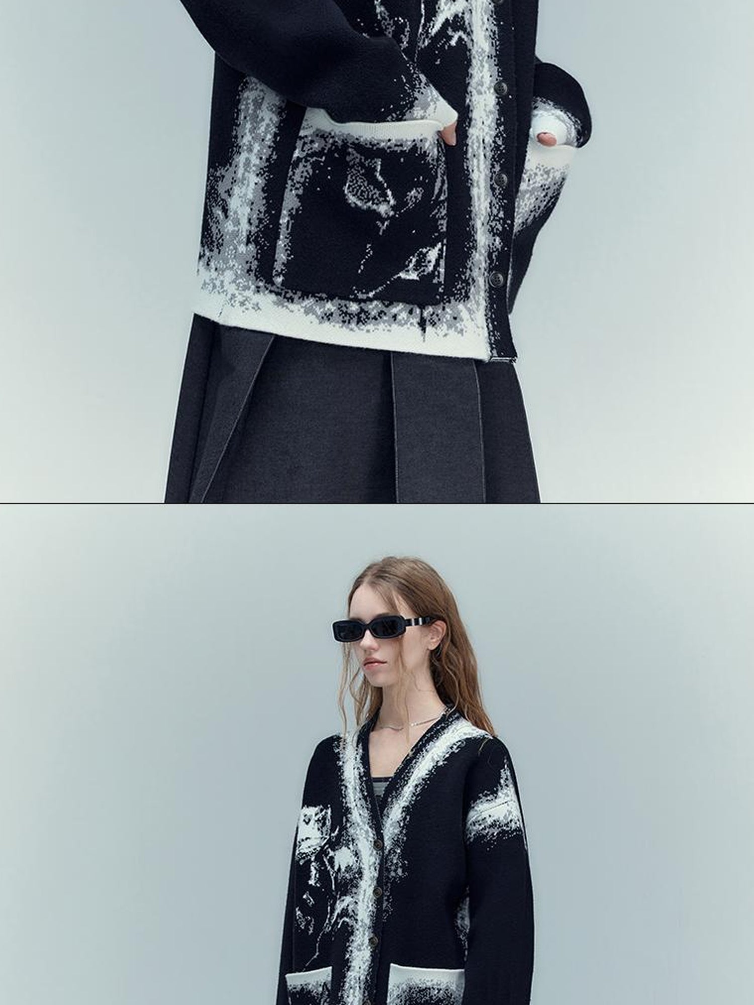 AnnoMundi Black And White Rose Jacquard V-Neck Knit Cardigan