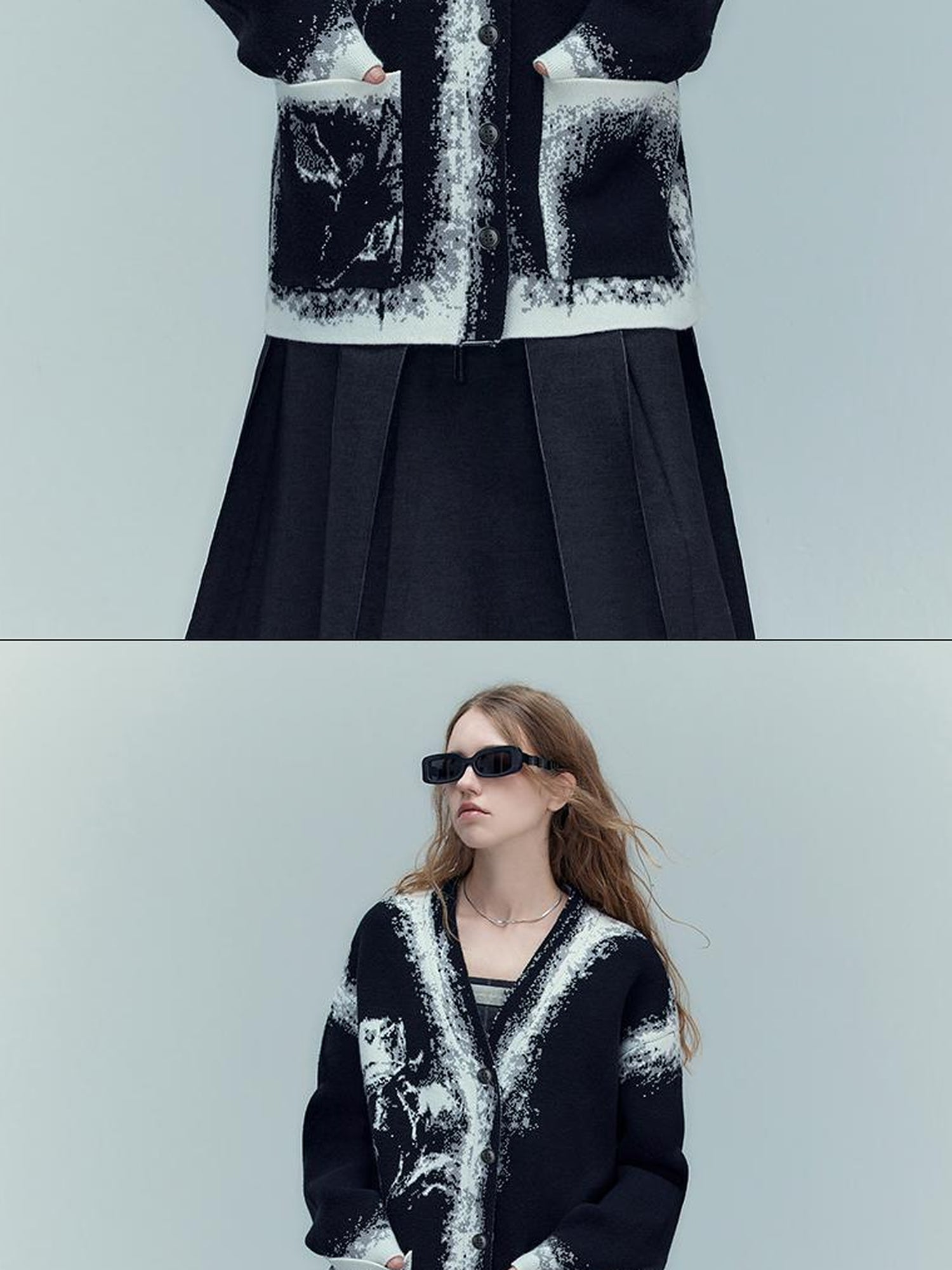 AnnoMundi Black And White Rose Jacquard V-Neck Knit Cardigan