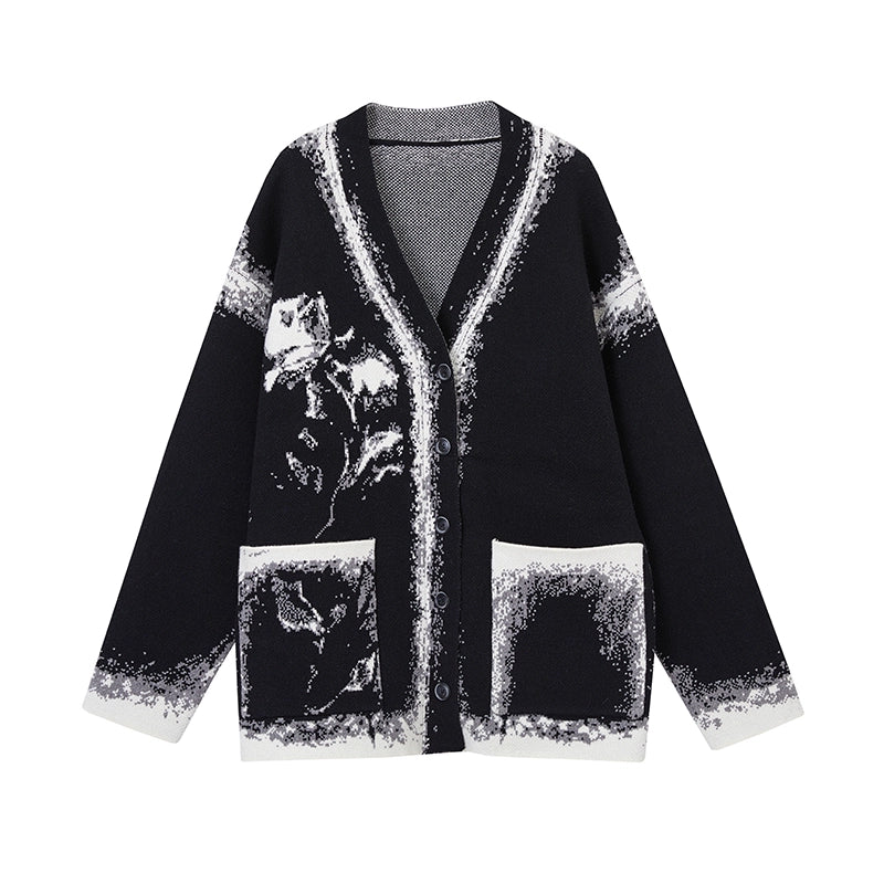 AnnoMundi_Black_And_White_Rose_Jacquard_V-Neck_Knit_Cardigan_MISSTT
