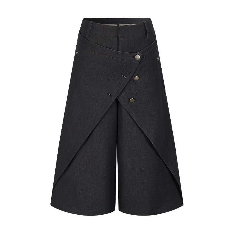 AnnoMundi Bermuda plissé asymétrique noir à double couche réversible pour femme