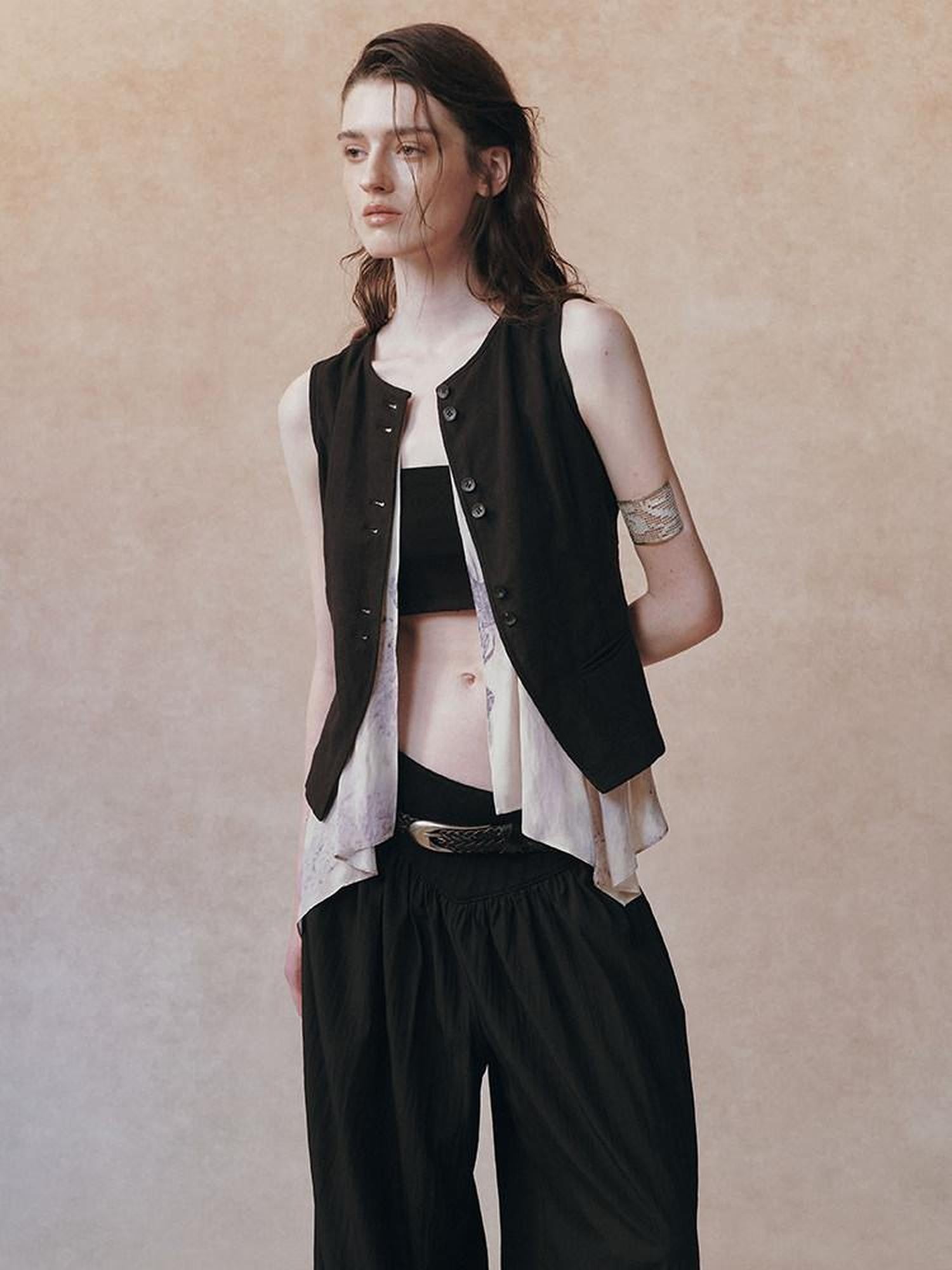 AnnoMundi Black Beige Colorblock Asymmetric Patchwork Tie Women&