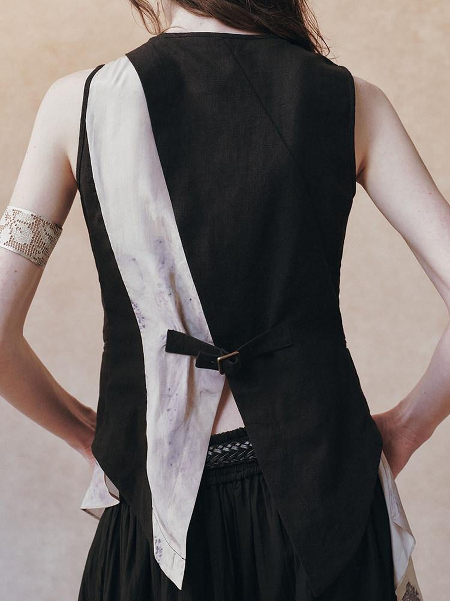 AnnoMundi Black Beige Colorblock Asymmetric Patchwork Tie Women&