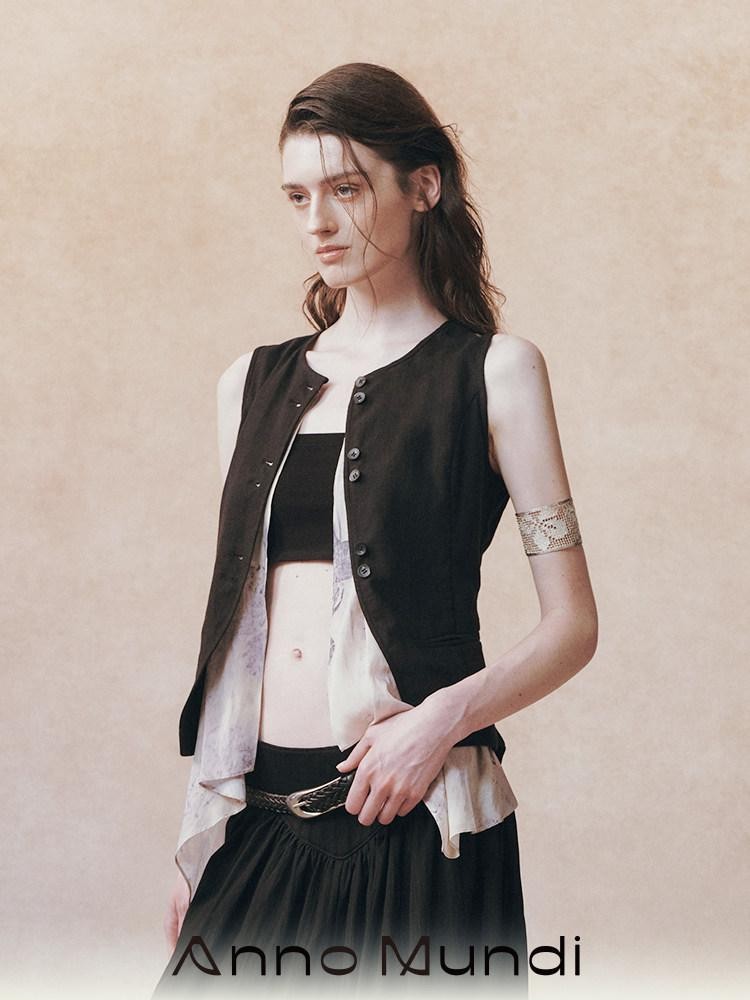 AnnoMundi Black Beige Colorblock Asymmetric Patchwork Tie Women&