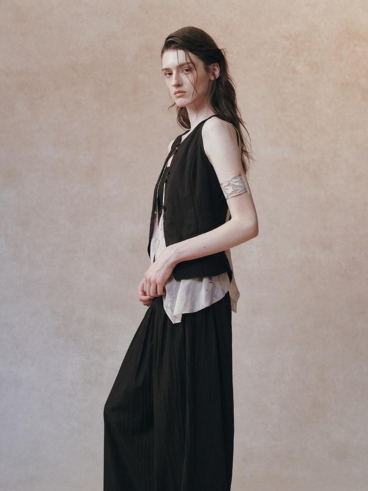AnnoMundi Black Beige Colorblock Asymmetric Patchwork Tie Women&