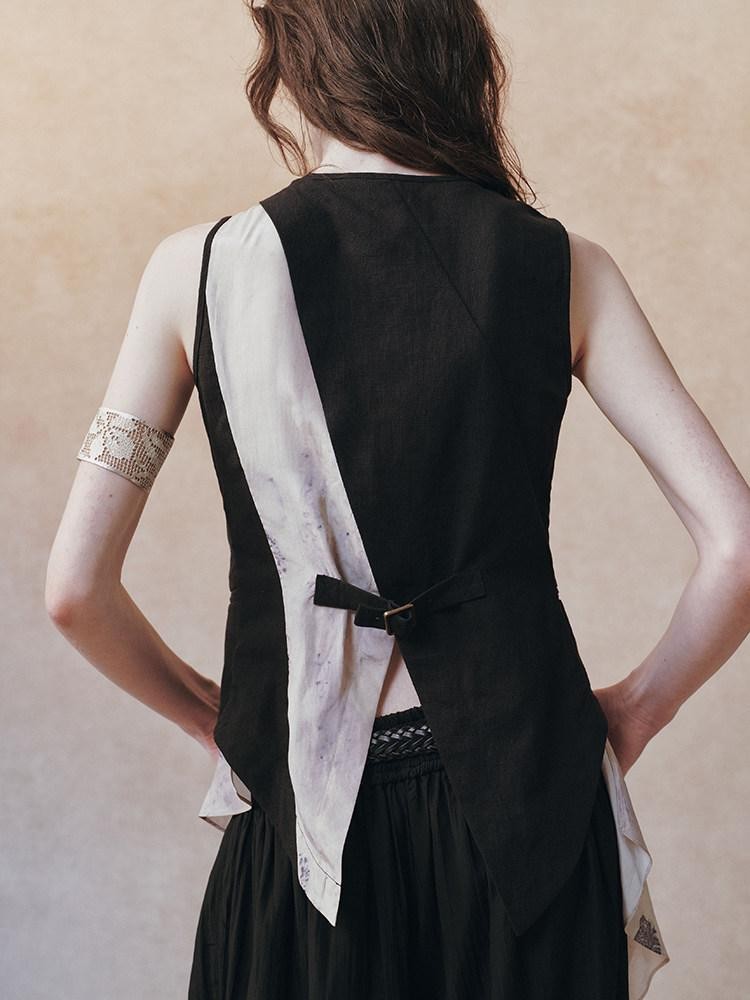 AnnoMundi Black Beige Colorblock Asymmetric Patchwork Tie Women&