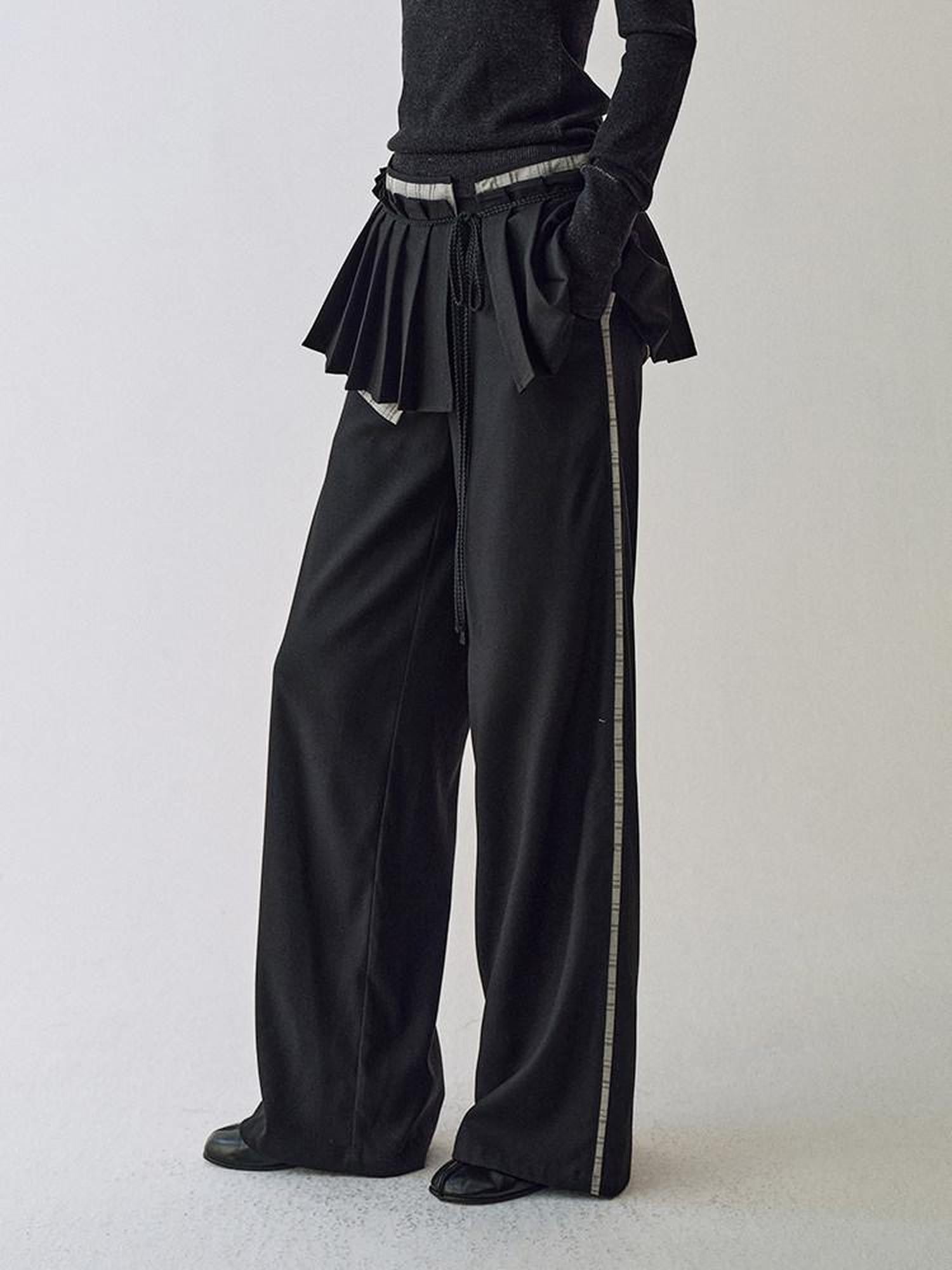 AnnoMundi Black Brown Tie Waist Pleated Women&