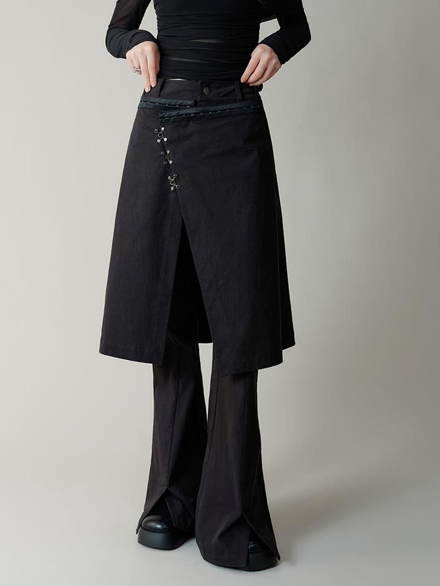 AnnoMundi Black Layered Flare Pants with Detachable Skirt Panel
