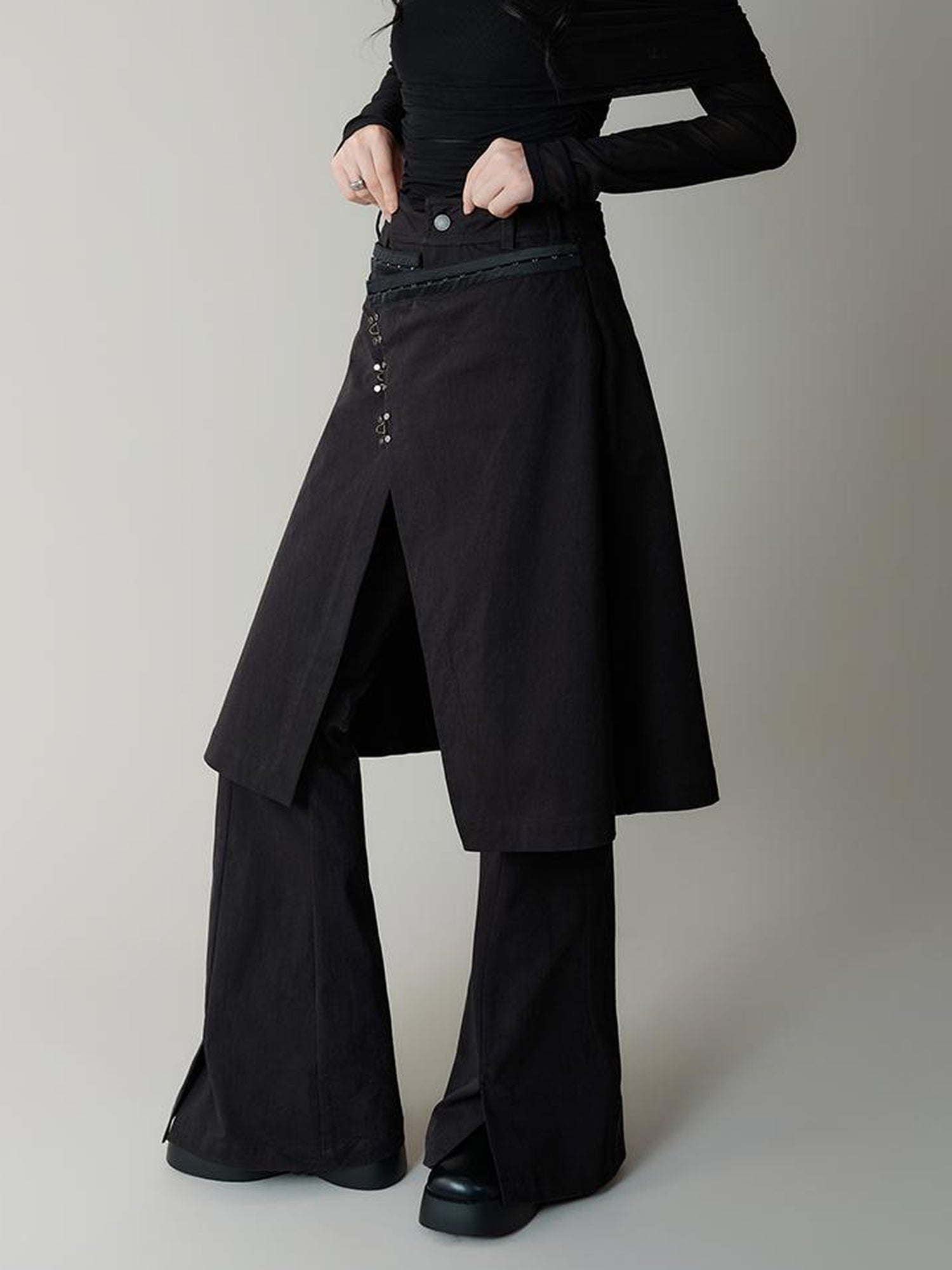 AnnoMundi Black Layered Flare Pants with Detachable Skirt Panel