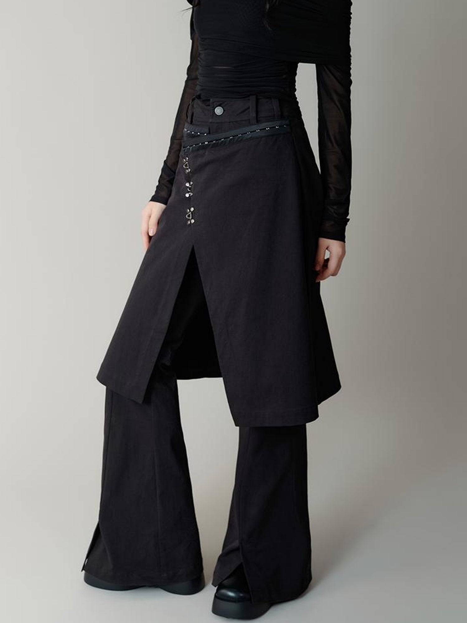 AnnoMundi Black Layered Flare Pants with Detachable Skirt Panel