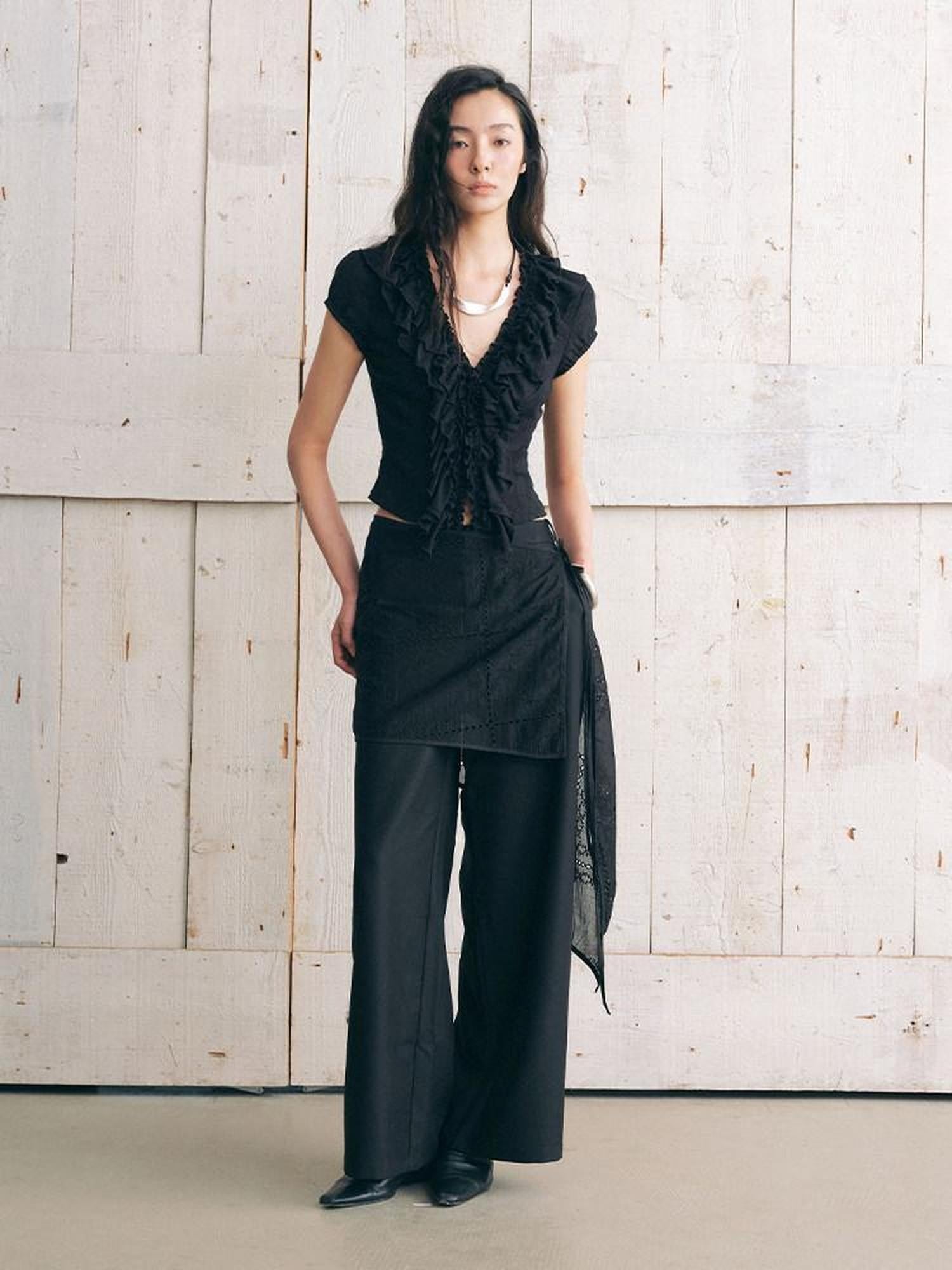 AnnoMundi Black Plant Texture Layered Lace Embroidery Women&