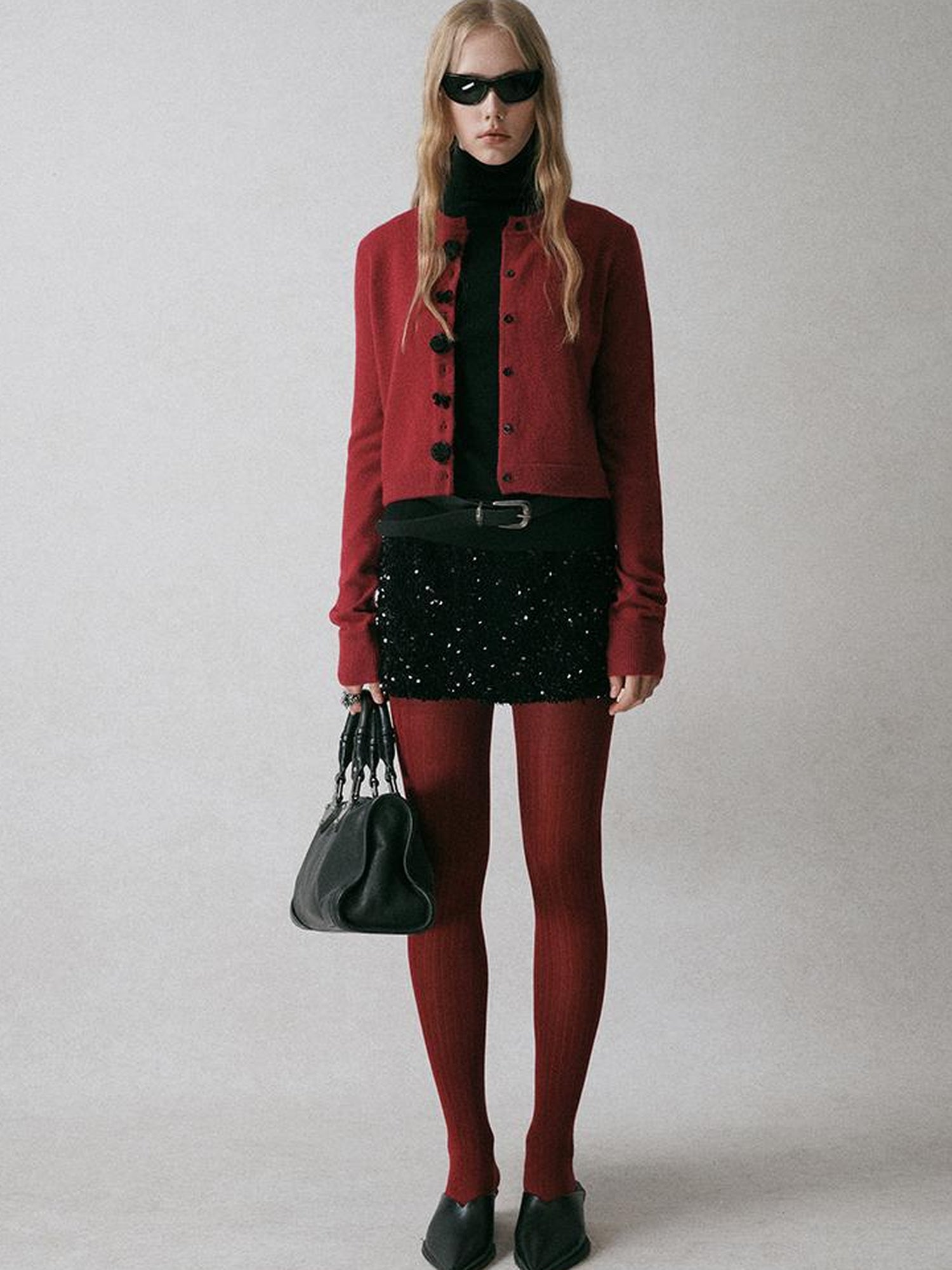 AnnoMundi Black Shoulder Wool Knit Cardigan With 3D Rose And Bow