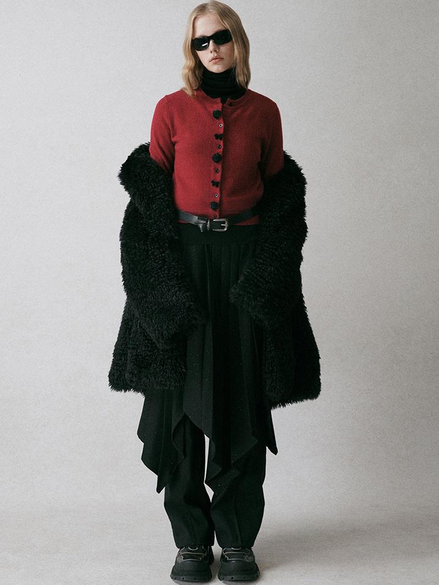 AnnoMundi Black Shoulder Wool Knit Cardigan With 3D Rose And Bow