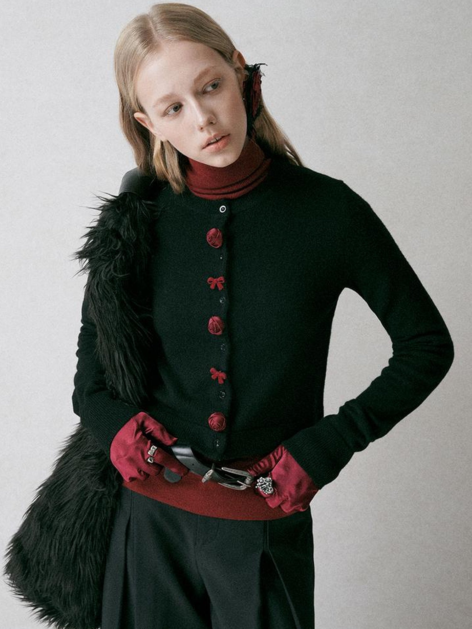 AnnoMundi Black Shoulder Wool Knit Cardigan With 3D Rose And Bow