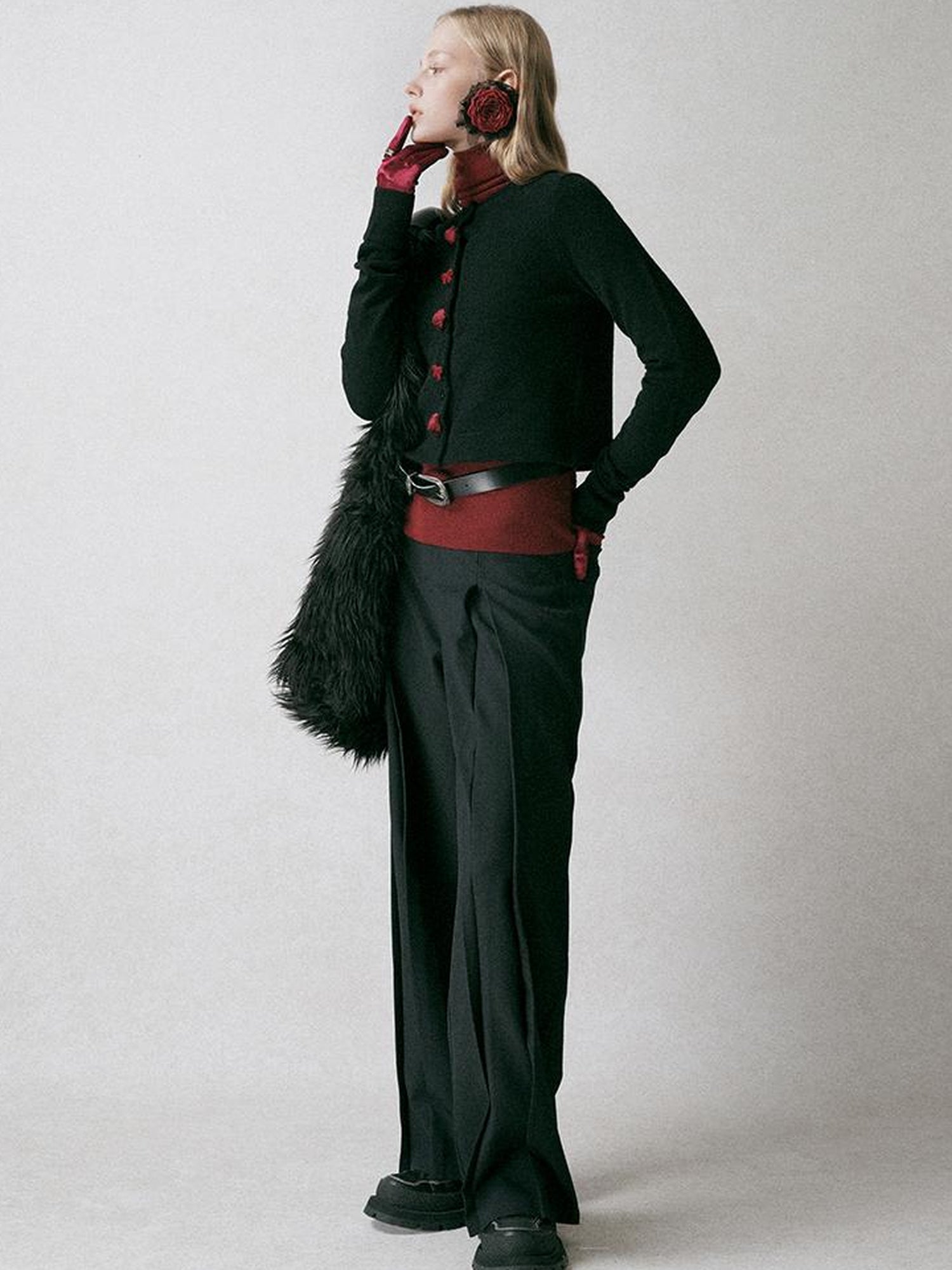 AnnoMundi Black Shoulder Wool Knit Cardigan With 3D Rose And Bow