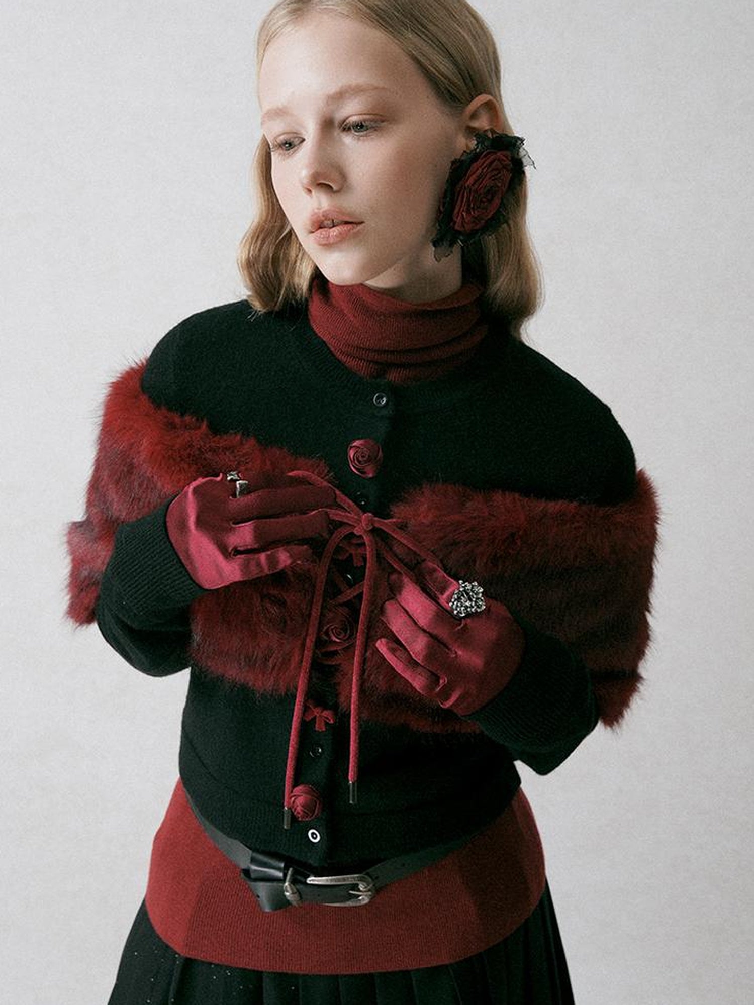 AnnoMundi Black Shoulder Wool Knit Cardigan With 3D Rose And Bow