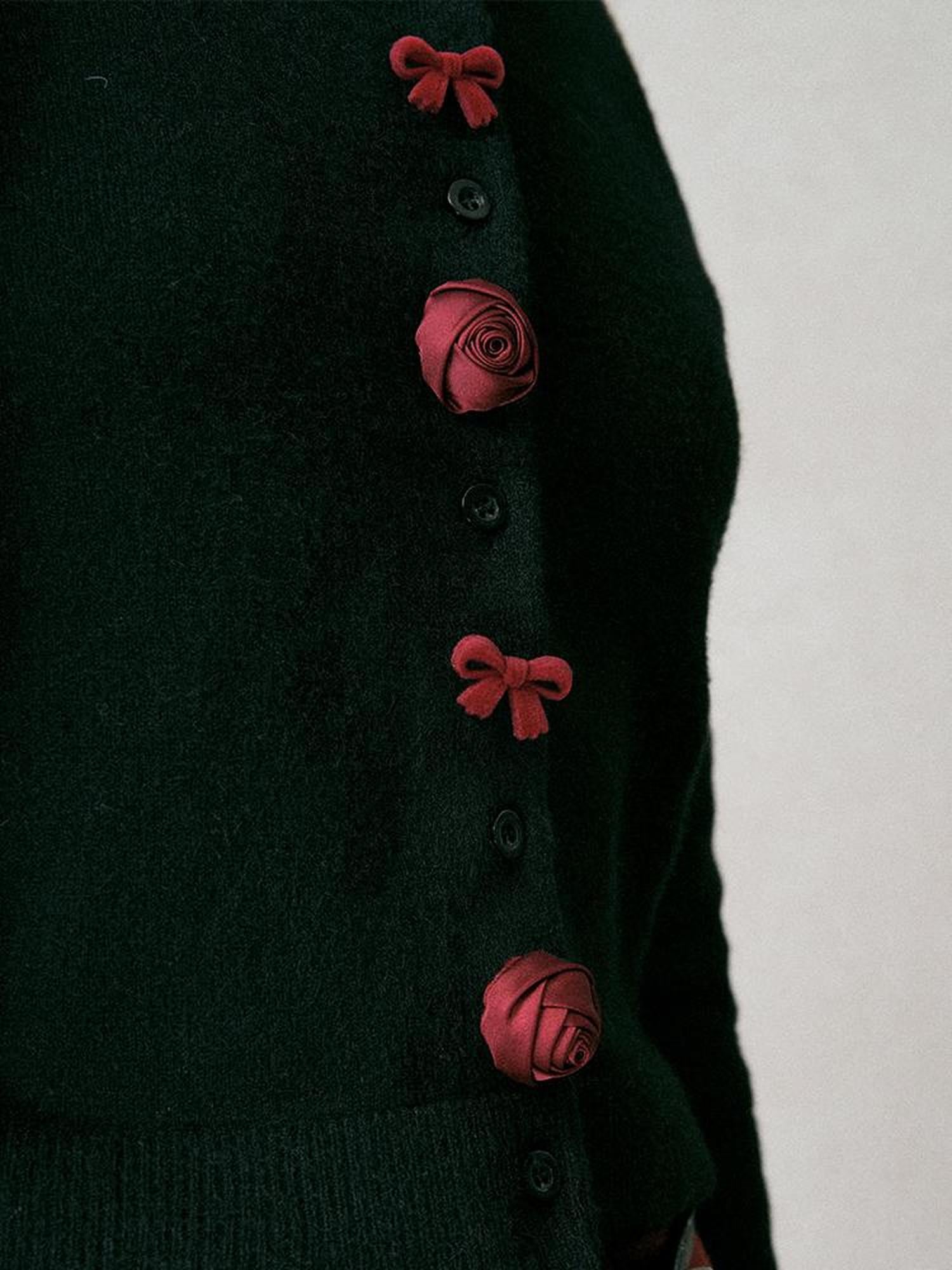 AnnoMundi Black Shoulder Wool Knit Cardigan With 3D Rose And Bow
